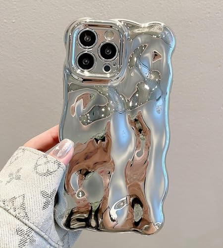 UEEBAI Case for iPhone 15 Pro Max 6.7 inch, Cute Solid Color Curly Wave Shape Shockproof Soft Bumper Phone Case, Candy Water Ripple 3D Silicon Slim Pretty Case Aesthetic Cover, Silver