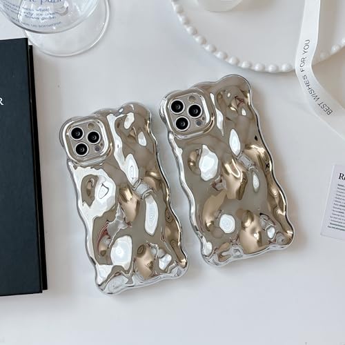 UEEBAI Case for iPhone 15 Pro Max 6.7 inch, Cute Solid Color Curly Wave Shape Shockproof Soft Bumper Phone Case, Candy Water Ripple 3D Silicon Slim Pretty Case Aesthetic Cover, Silver