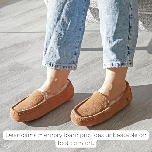 Dearfoams Women's Fireside Water Resistant Indoor/Outdoor Genuine Shearling Mel Moccasin Slipper, Wide Widths