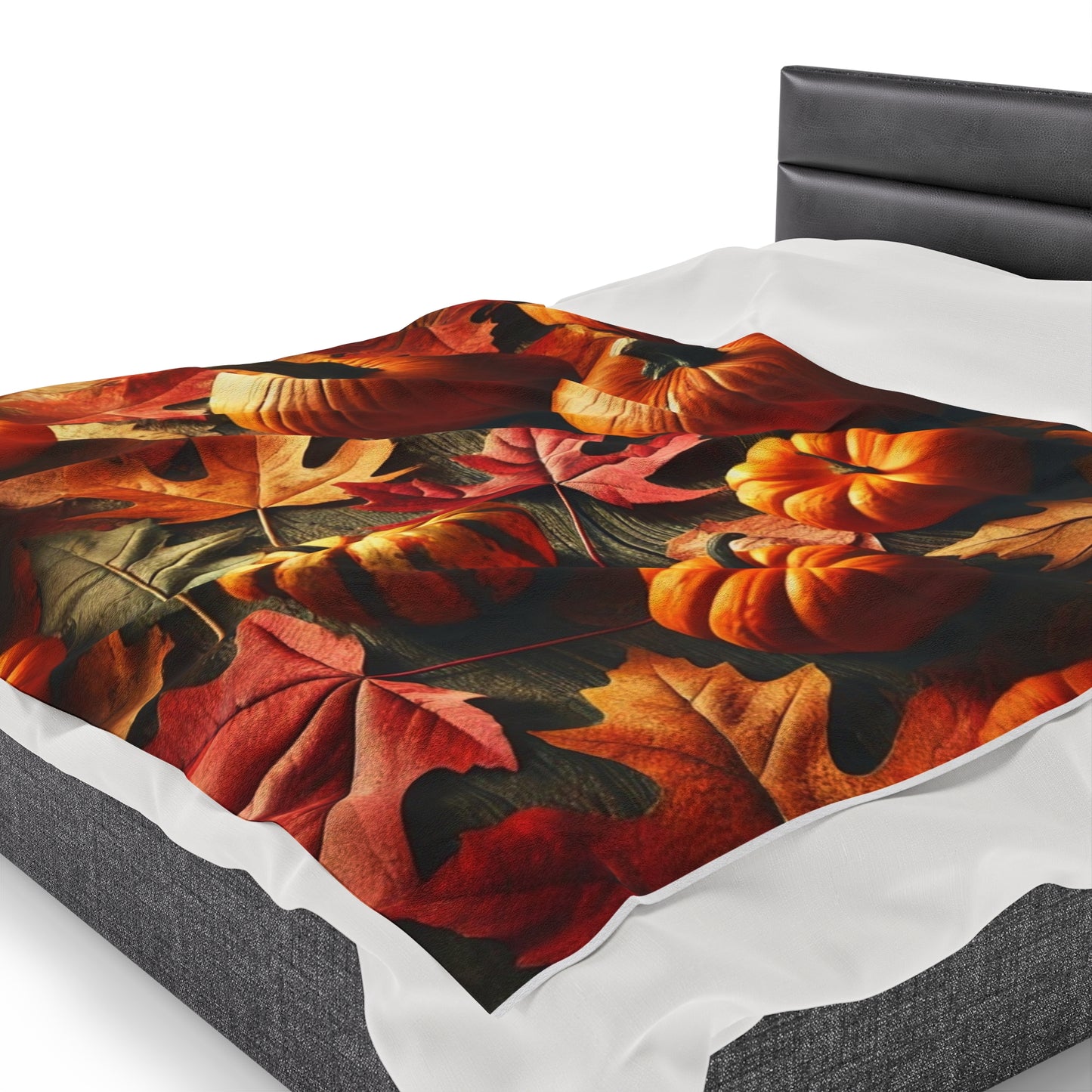 Pumpkin and Leaves Autumn Scene Velveteen Plush Blanket