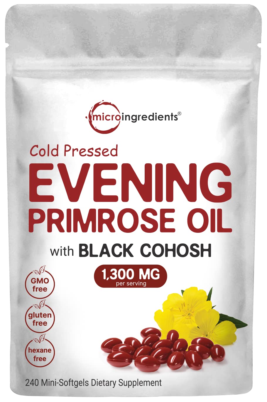Micro Ingredients Evening Primrose Oil 1300mg Per Serving, 240 Softgels | Enhanced with 40mg Black Cohosh Extract, Cold Pressed – 10% Active GLA, Non-GMO, No Gluten, Easy to Swallow