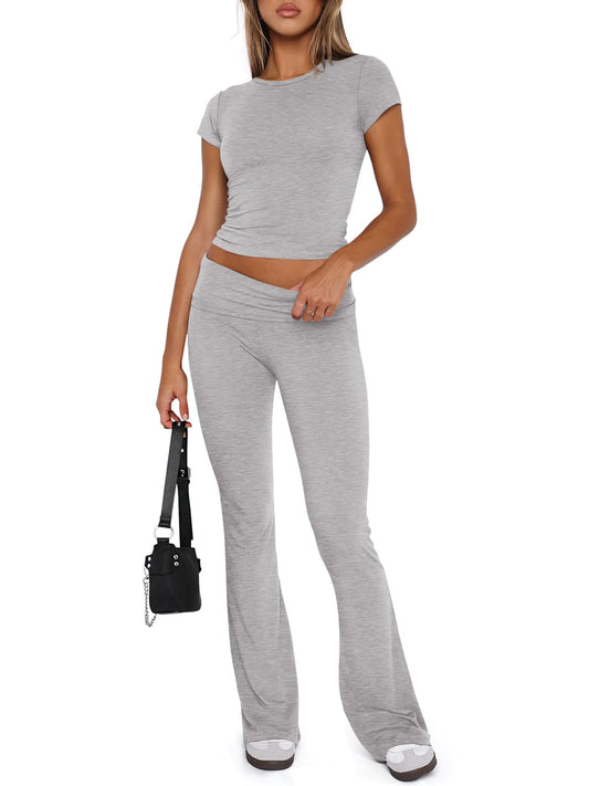 REORIA Women's Summer Casual Outfits Pajama Sets Crew Neck Short Sleeve Crop Top Fold Over Flare Pants Y2K Soft 2 Piece matching Lounge Sets Light Heather Grey X-Large