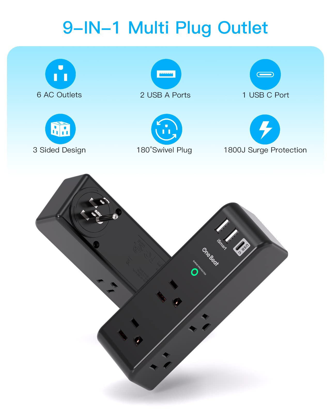 Surge Protector Outlet Extender - with Rotating Plug, 6 AC Multi Plug Outlet with 3 USB Ports (1 USB C), 1800 Joules, 3-Sided Swivel Power Strip with Spaced Outlet Splitter for Dorm, Office, Black