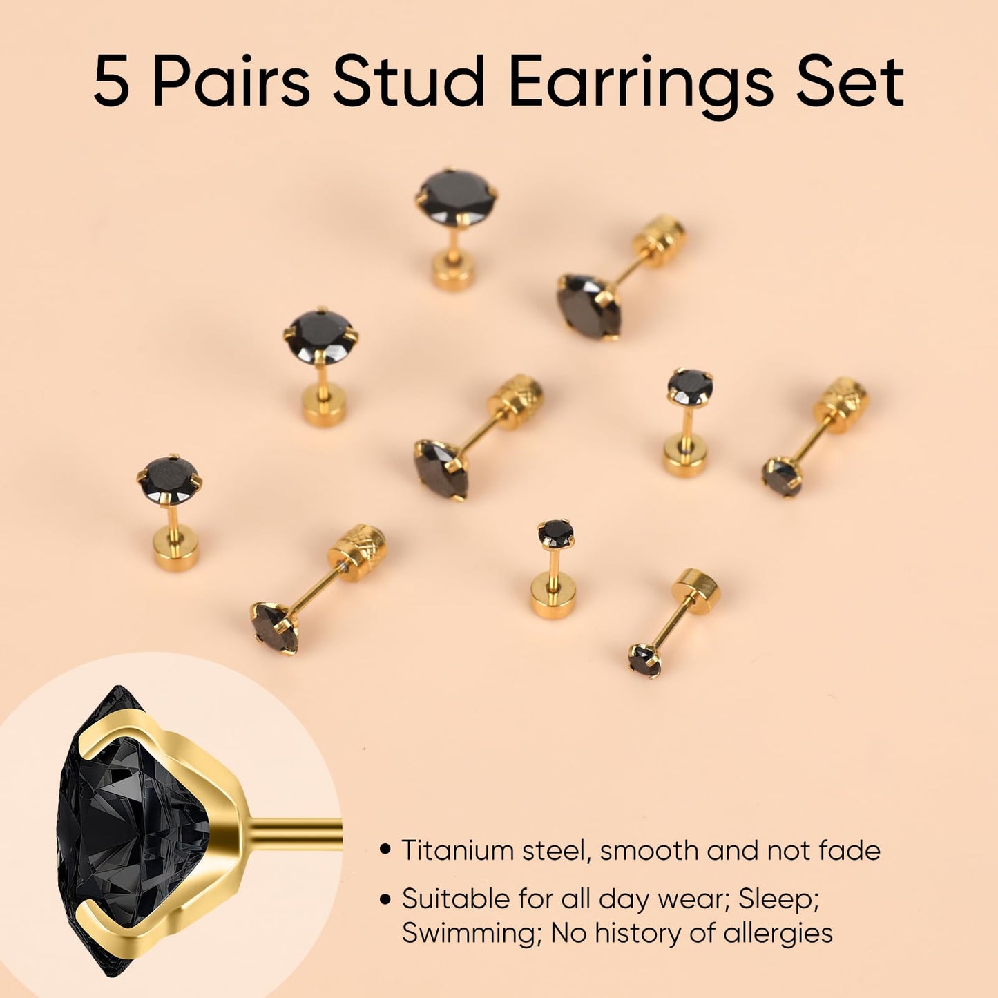 5 Pairs Flat Back Stud Earrings for Women, Trendy Cartilage Earring, Hypoallergenic Titanium Earrings Set, Cubic Zirconia Flatback Ear Rings Non Tarnish ((3mm~7mm) x1, Black Gem(Gold Color))