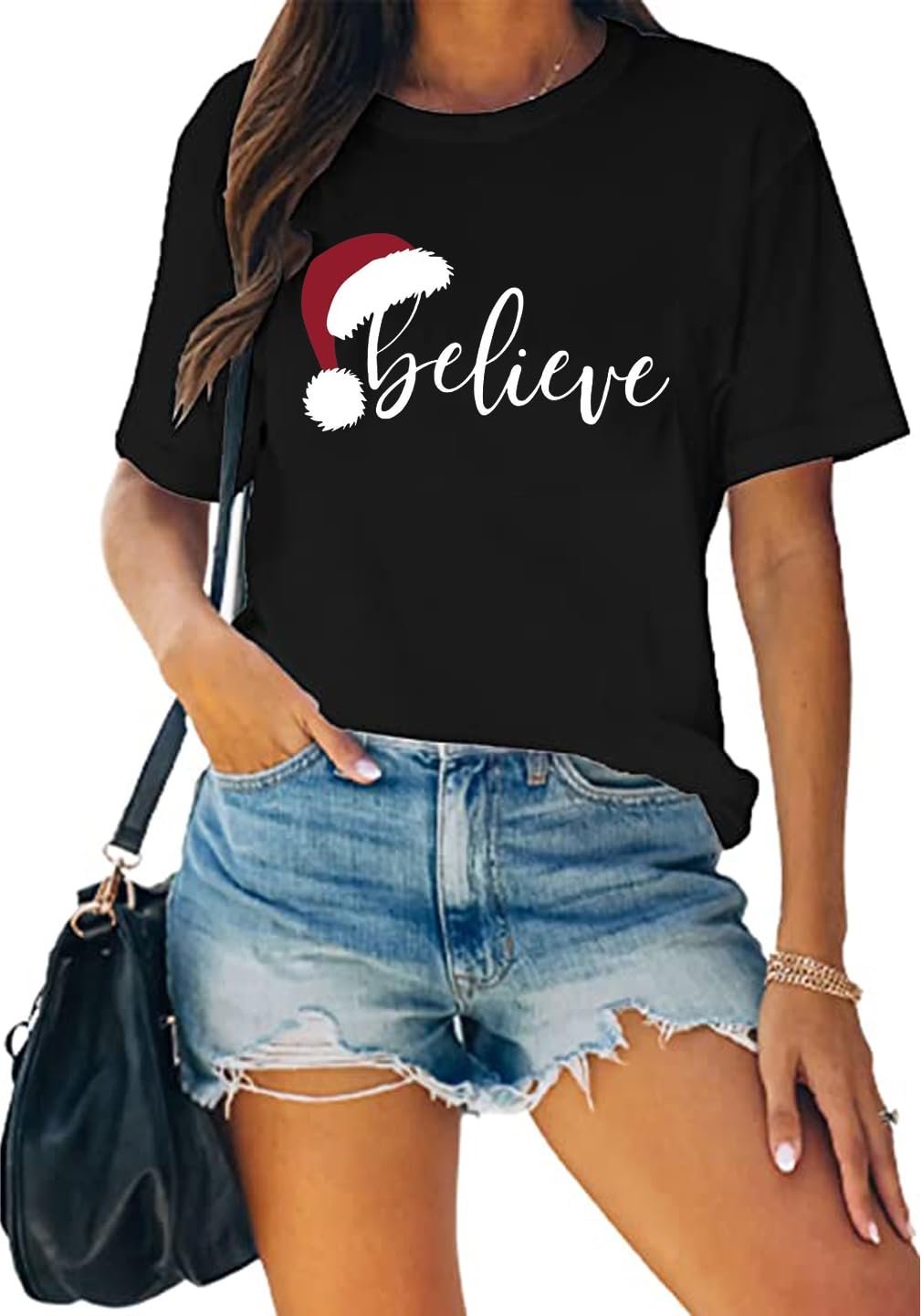 Christmas Shirts for Women Believe Letter Graphic T Shirts Funny Printing Christmas Family Tops Vacation Tee(Small,BLE-01BK)