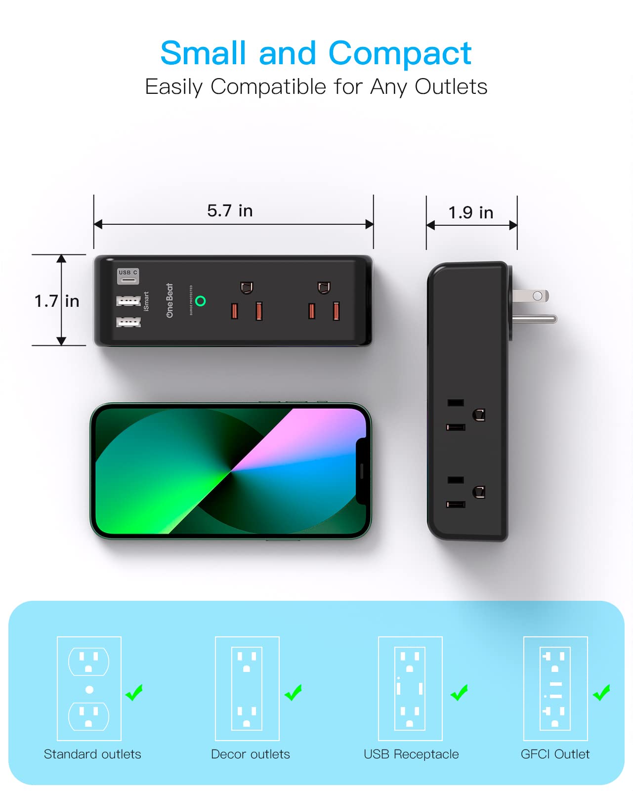 Surge Protector Outlet Extender - with Rotating Plug, 6 AC Multi Plug Outlet with 3 USB Ports (1 USB C), 1800 Joules, 3-Sided Swivel Power Strip with Spaced Outlet Splitter for Dorm, Office, Black