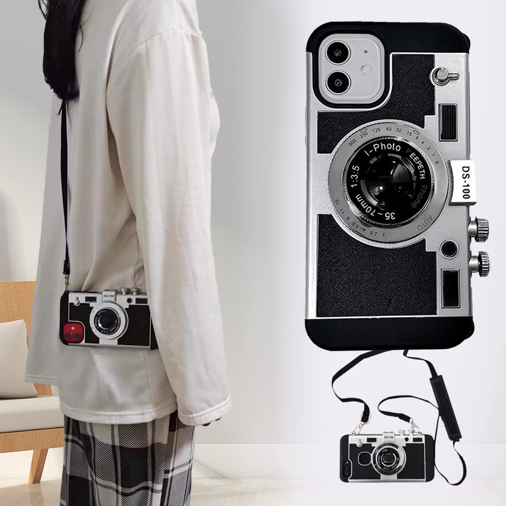 Emily in Paris Phone Case, Phone Case for iPhone 12 Pro Max,3D Vintage Camera Design Phone case That Looks Like a Camera,with Long Anti-Lost Lanyard