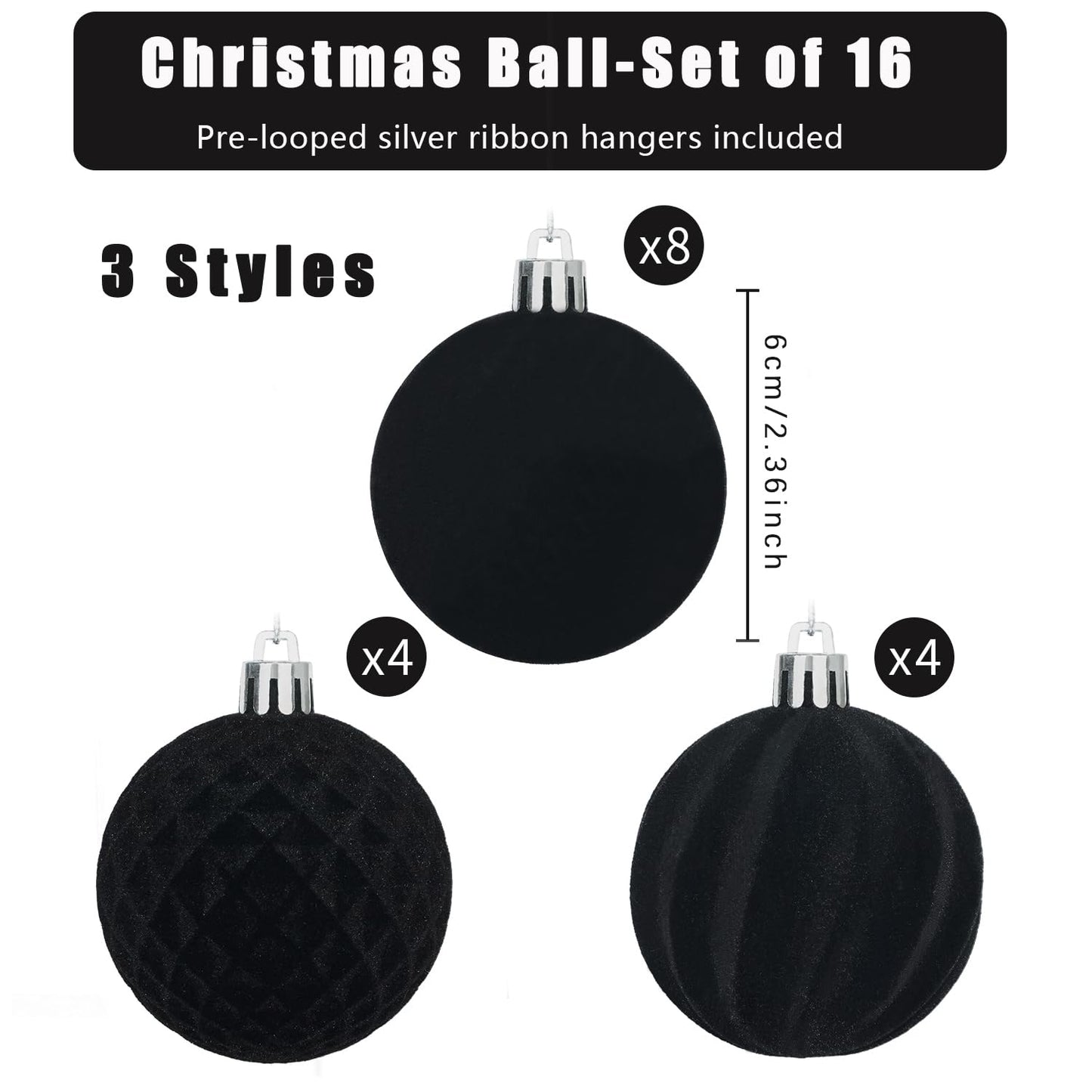 Artmag 16 Pcs Velvet Christmas Balls Hanging Ornaments Set, Shatterproof Plastic Flocked Christmas Tree Balls Xmas Decorations Festival Holiday Party Decor (Black,2.36 Inch)