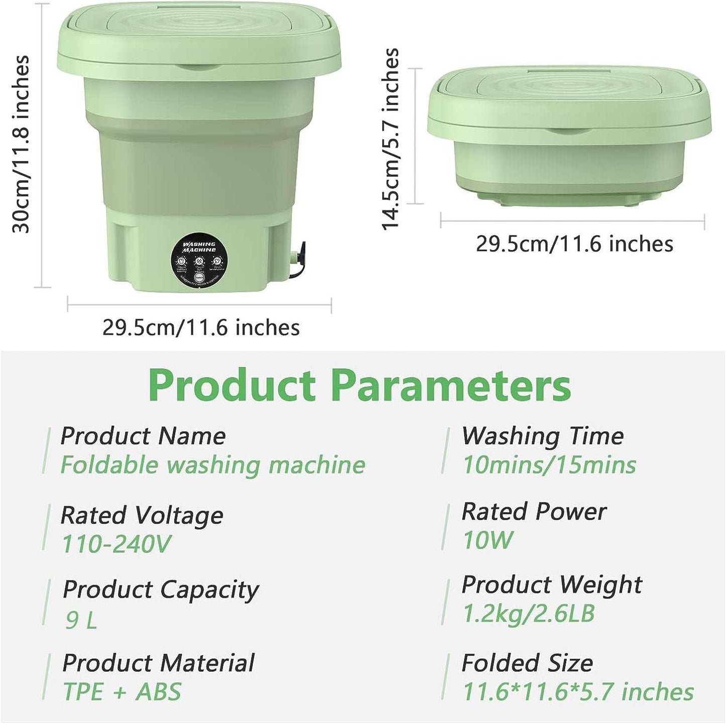 MacLehose Mini Portable Washing Machine, Mini Washer and Dryer Combo, 9L,Foldable,Mini Washer for Baby Clothes, Underwear or Socks,Small Clothes, Camping&Travel Laundry,Portable Washer Machine(green)