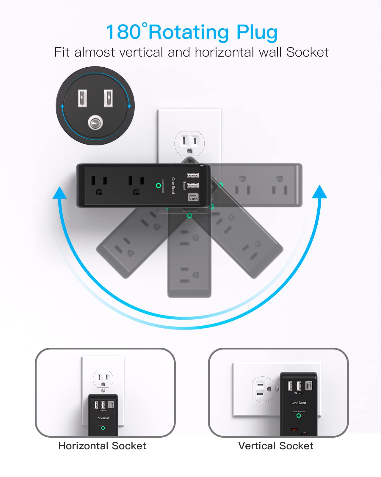 Surge Protector Outlet Extender - with Rotating Plug, 6 AC Multi Plug Outlet with 3 USB Ports (1 USB C), 1800 Joules, 3-Sided Swivel Power Strip with Spaced Outlet Splitter for Dorm, Office, Black