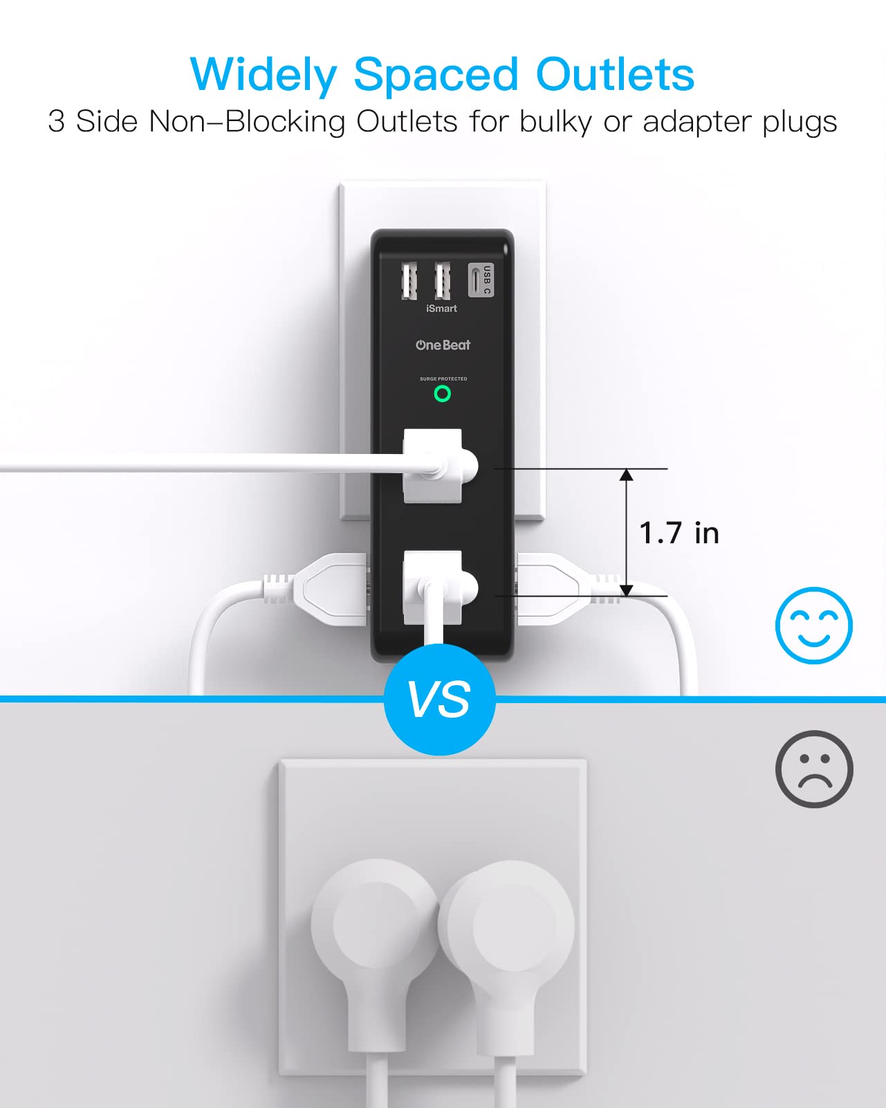 Surge Protector Outlet Extender - with Rotating Plug, 6 AC Multi Plug Outlet with 3 USB Ports (1 USB C), 1800 Joules, 3-Sided Swivel Power Strip with Spaced Outlet Splitter for Dorm, Office, Black