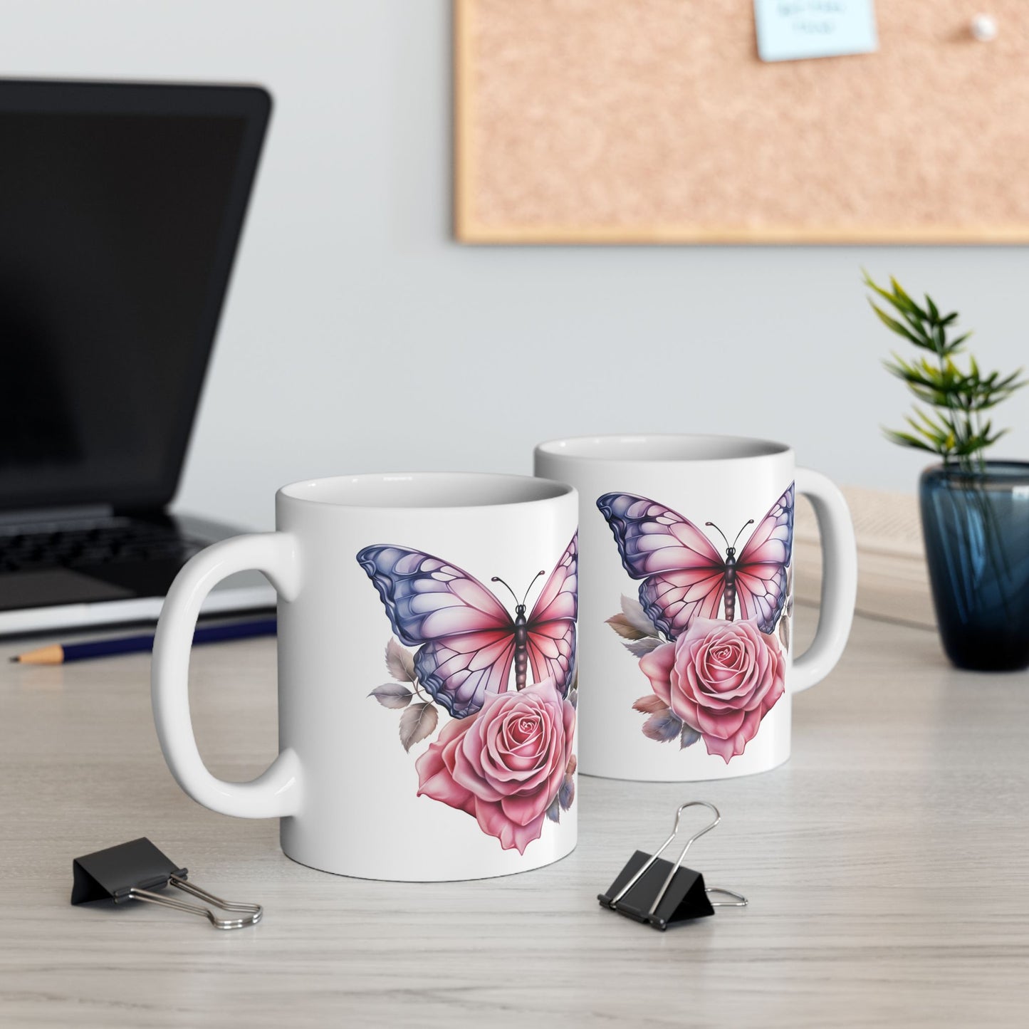 Pink Butterfly Rose Ceramic Mug, (11oz, 15oz)