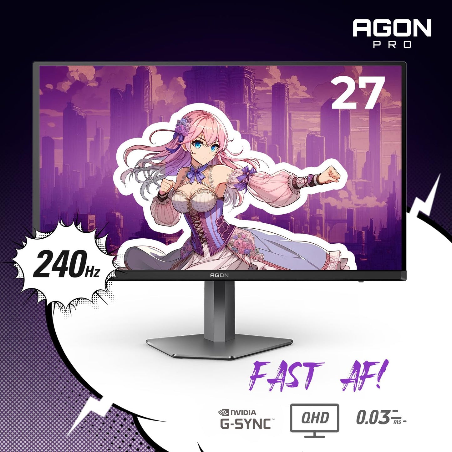 AOC Agon PRO AG276QZD2 27" OLED Tournament Gaming Monitor 2560x1440, 240Hz 0.03ms, G-SYNC, PS5 Xbox Switch Compatible, Glossy, Black