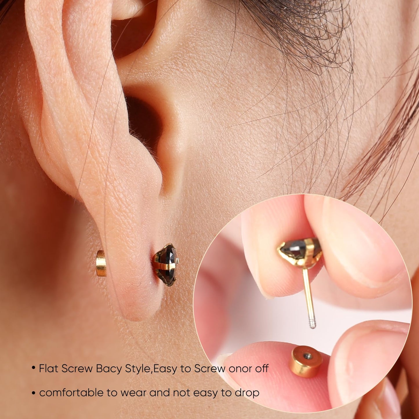 5 Pairs Flat Back Stud Earrings for Women, Trendy Cartilage Earring, Hypoallergenic Titanium Earrings Set, Cubic Zirconia Flatback Ear Rings Non Tarnish ((3mm~7mm) x1, Black Gem(Gold Color))