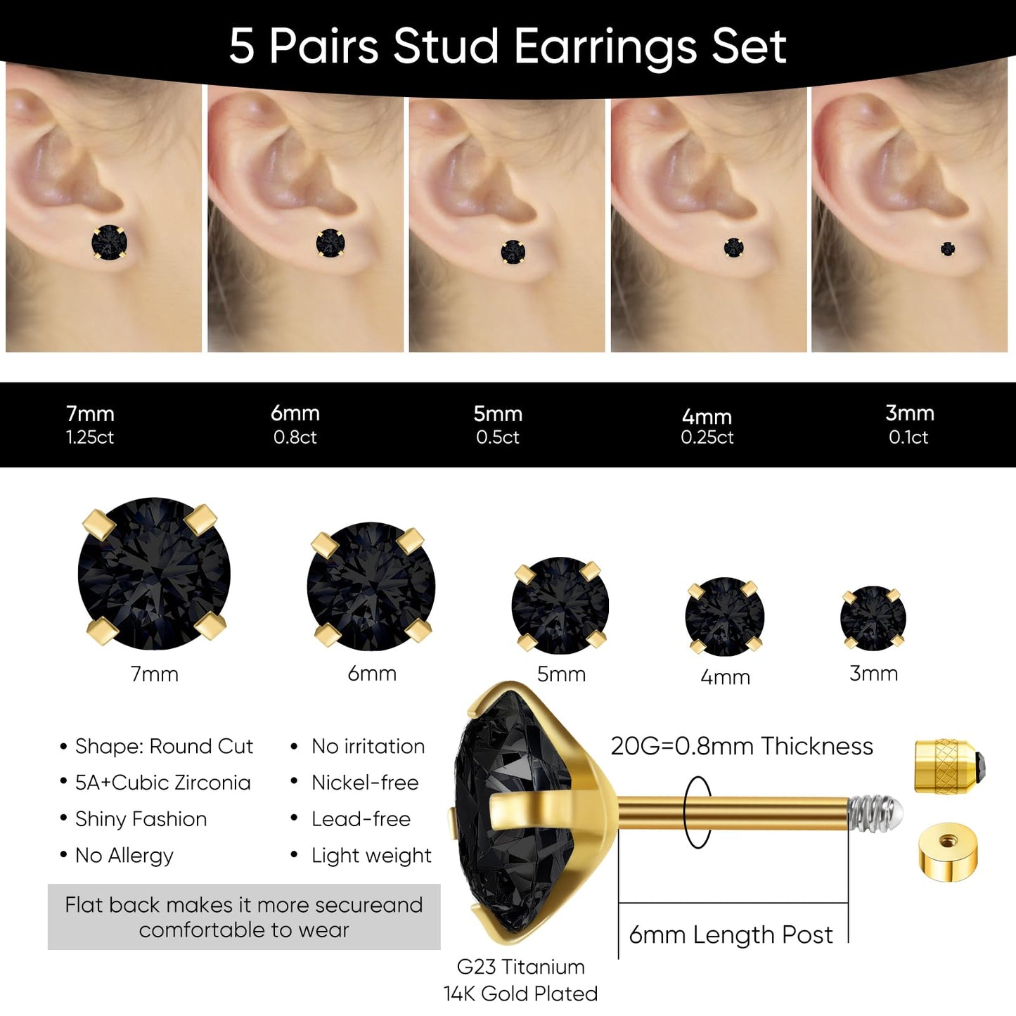 5 Pairs Flat Back Stud Earrings for Women, Trendy Cartilage Earring, Hypoallergenic Titanium Earrings Set, Cubic Zirconia Flatback Ear Rings Non Tarnish ((3mm~7mm) x1, Black Gem(Gold Color))