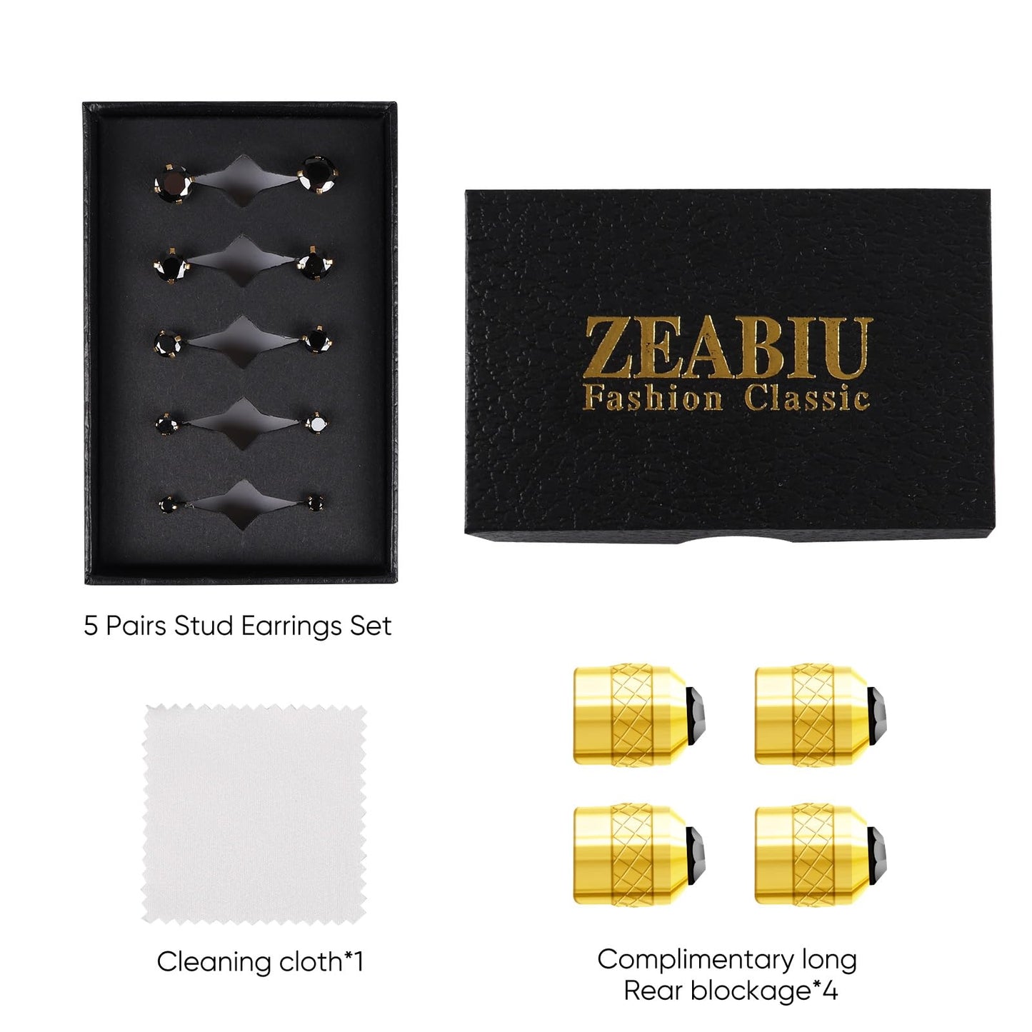 5 Pairs Flat Back Stud Earrings for Women, Trendy Cartilage Earring, Hypoallergenic Titanium Earrings Set, Cubic Zirconia Flatback Ear Rings Non Tarnish ((3mm~7mm) x1, Black Gem(Gold Color))