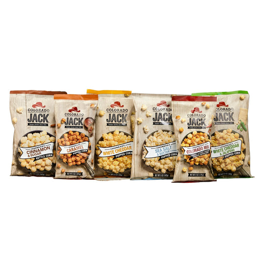 Colorado Jack Gourmet Popcor Great - Farmer Grown, Delicious Snack, Tasty Gift, Jack Gives Back - Gluten Free & Natural Ingredients - Flavor Variation (Variety, Pack of 6)