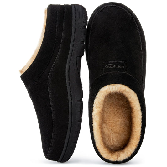 HomeTop Men's Moccasin Slippers Soft Warm Non-slip Memory Foam Indoor House Shoes with Fluffy Lining Black, 7-8 US