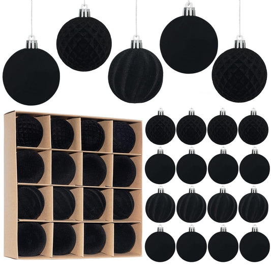 Artmag 16 Pcs Velvet Christmas Balls Hanging Ornaments Set, Shatterproof Plastic Flocked Christmas Tree Balls Xmas Decorations Festival Holiday Party Decor (Black,2.36 Inch)