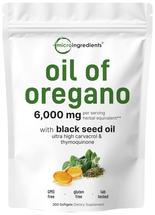 Micro Ingredients Oil of Oregano, 300 Softgel | Oregano Oil with Black Seed Oil, 4X Strength Carvacrol & Thymoquinone | Plant Based, Non-GMO | Antioxidant & Immune Support