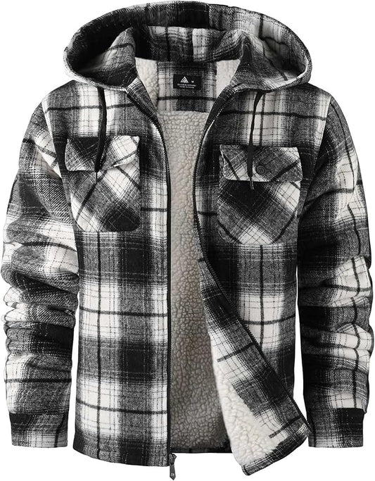 SCODI Men's Flannel Shirt Jacket Fleece Sherpa Lined Plaid Jackets Coat Full Zip Up Hoodie Winter Outwear Black Medium