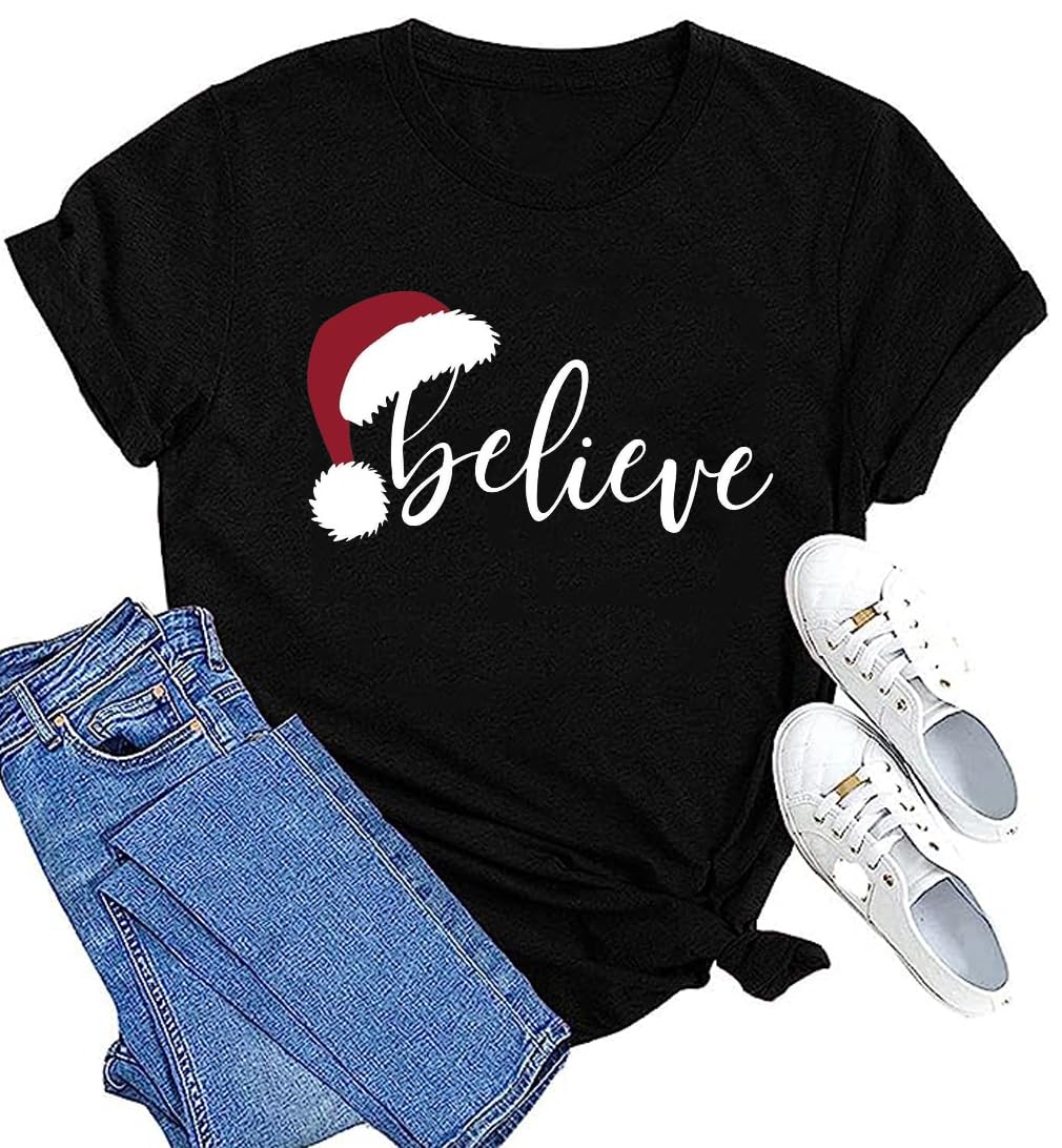 Christmas Shirts for Women Believe Letter Graphic T Shirts Funny Printing Christmas Family Tops Vacation Tee(Small,BLE-01BK)