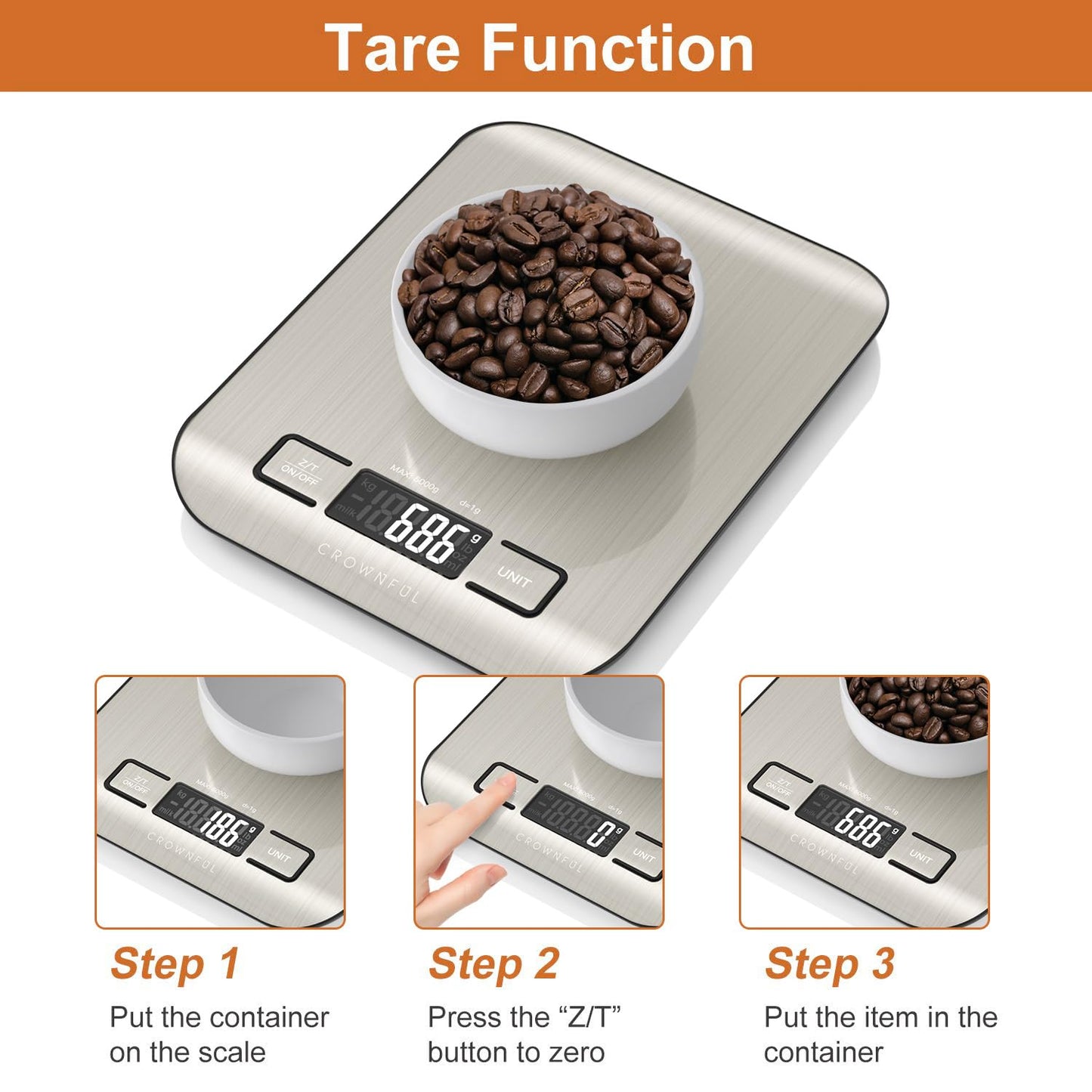 CROWNFUL Food Scale, 11 lb Digital Kitchen Scales with Built-in Coin Battery, Weight Ounces and Grams for Cooking and Baking, 6 Units with Tare Function, LCD Display, 304 Stainless Steel