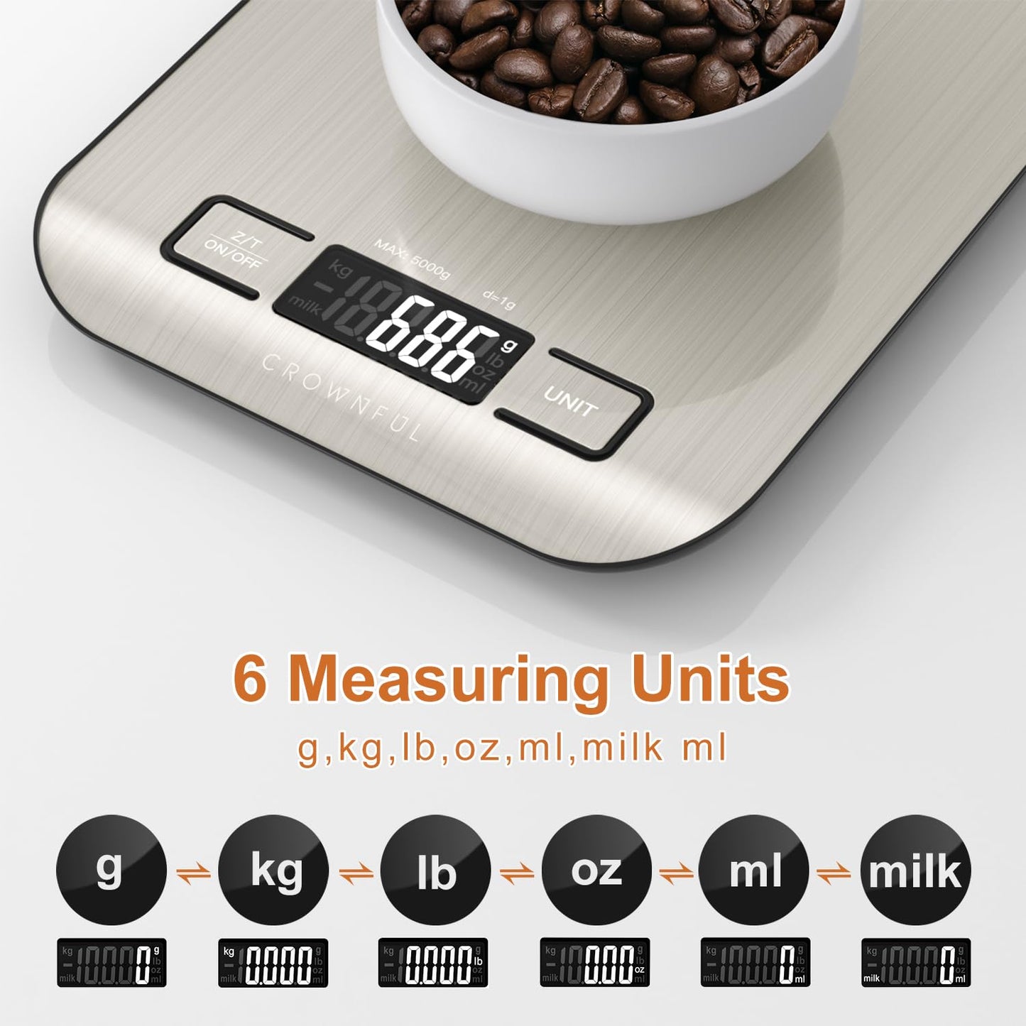 CROWNFUL Food Scale, 11 lb Digital Kitchen Scales with Built-in Coin Battery, Weight Ounces and Grams for Cooking and Baking, 6 Units with Tare Function, LCD Display, 304 Stainless Steel