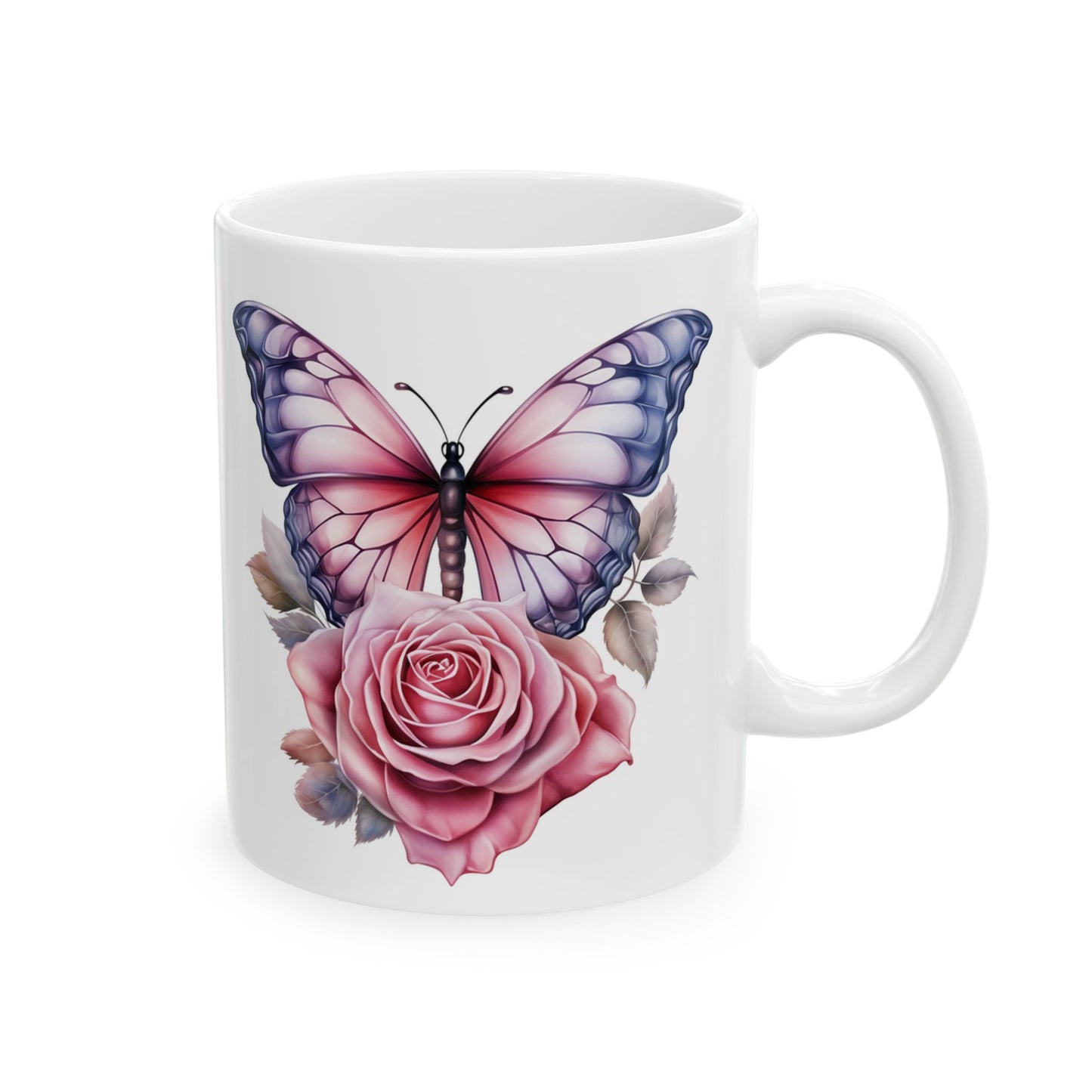 Pink Butterfly Rose Ceramic Mug, (11oz, 15oz)