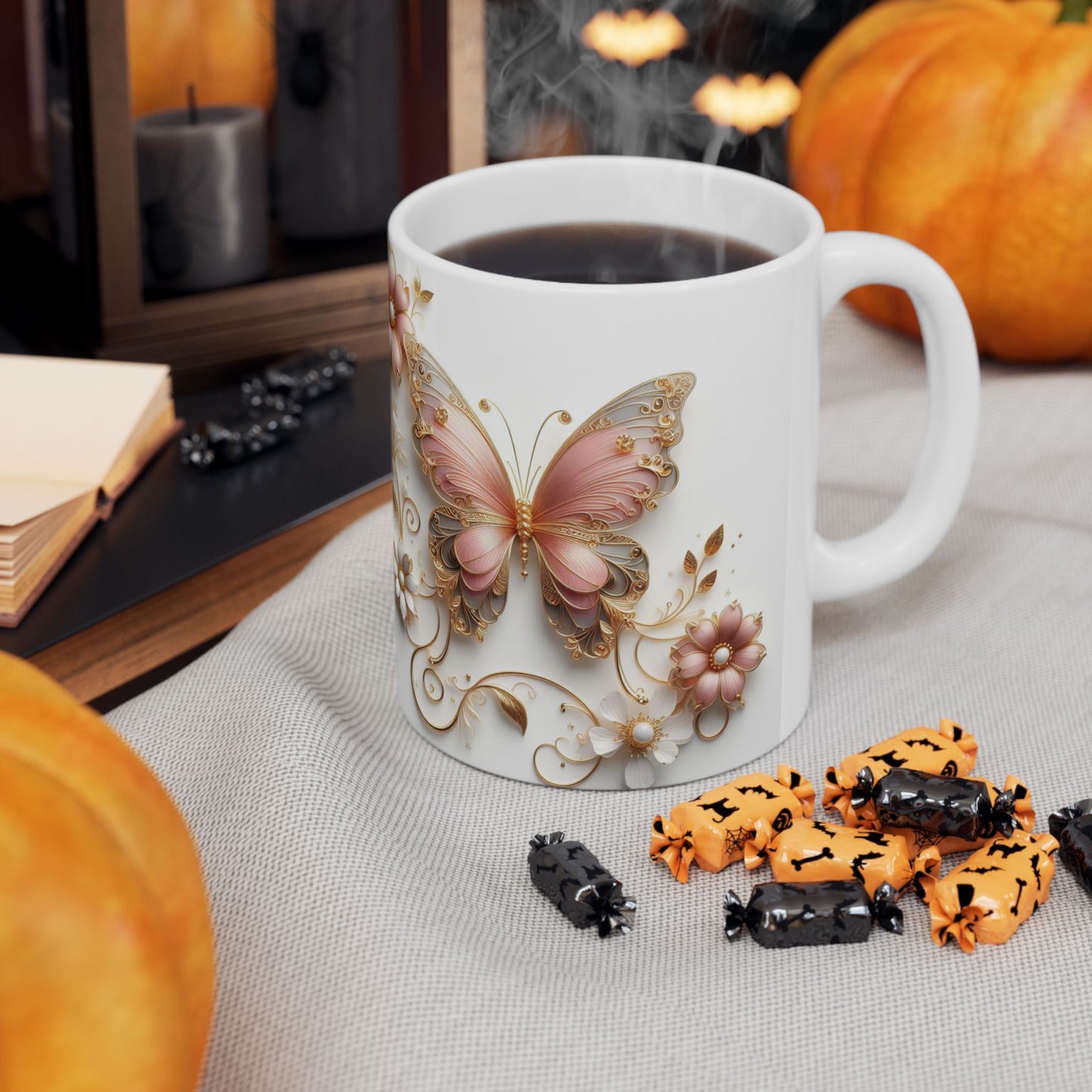 Pink Gold Butterfly Floral Ceramic Mug, 11oz