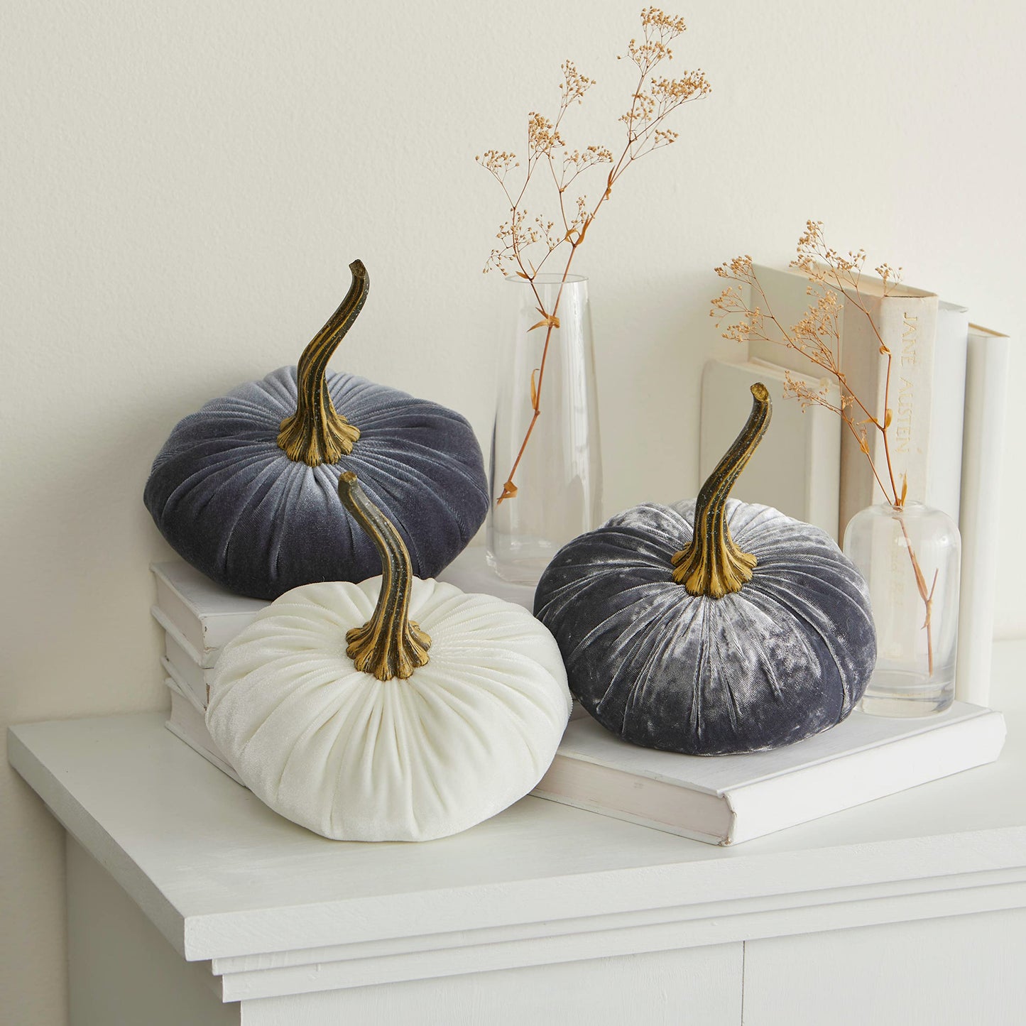 Set of 3 Velvet 6.25 Inch Pumpkins, Holiday Mantle Decor, Fall Thanksgiving, Rustic Fall Wedding Centerpiece Decor, Neutral Decor, Gift for Her (Gray, Ivory, Platinum)