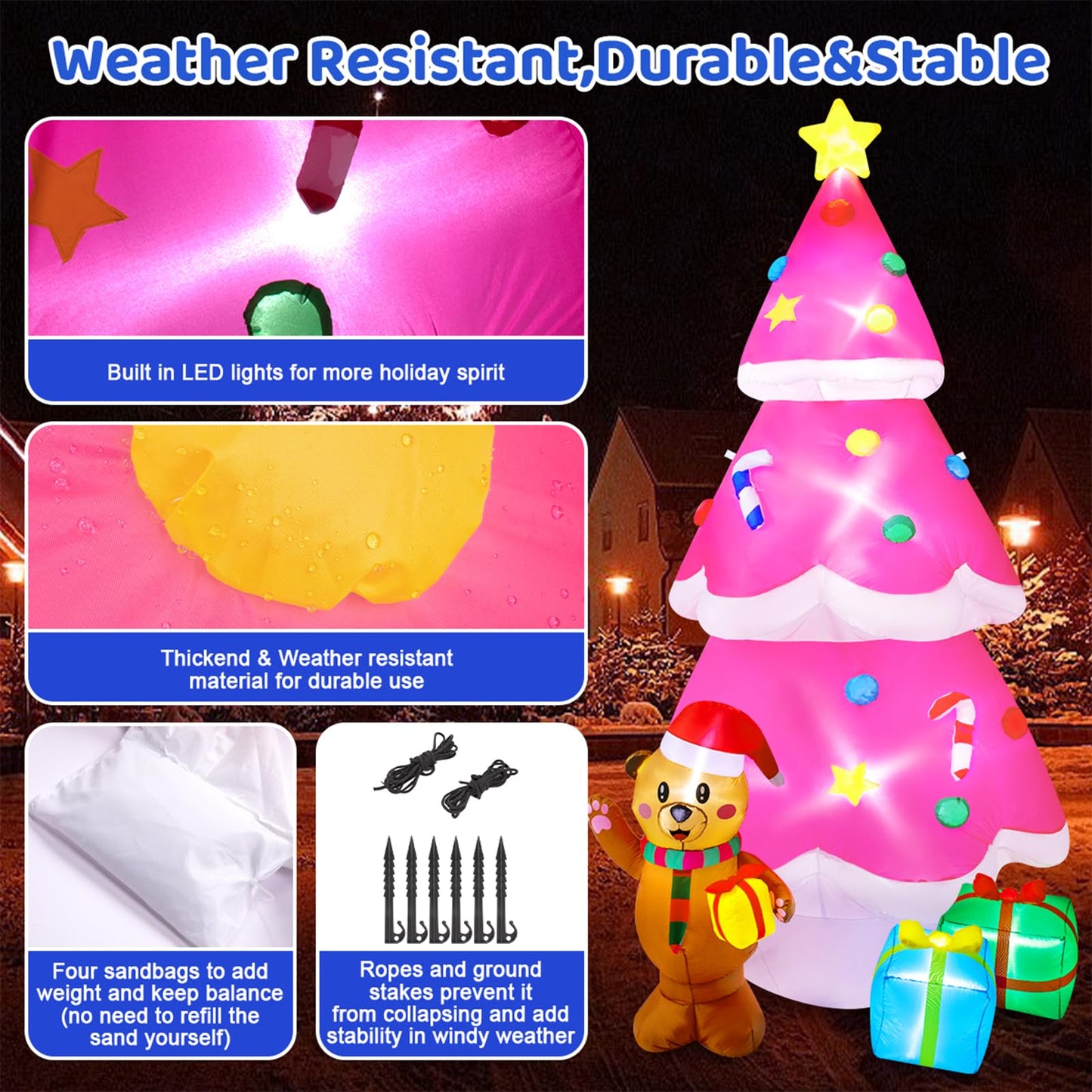 Meland Christmas Inflatable Outdoor Decoration - 8Ft Pink Christmas Tree Inflatable Christmas Blow Up Yard Decorations with Gingerbread Inflatables Christmas Decorations for Outdoor Outside Garden