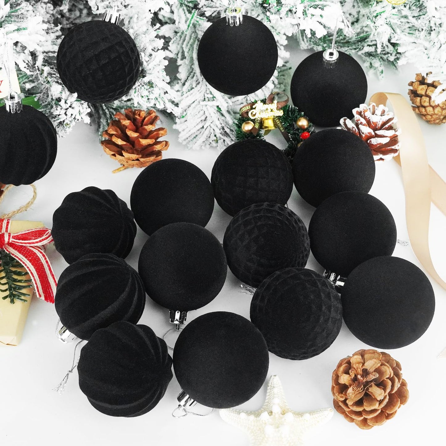 Artmag 16 Pcs Velvet Christmas Balls Hanging Ornaments Set, Shatterproof Plastic Flocked Christmas Tree Balls Xmas Decorations Festival Holiday Party Decor (Black,2.36 Inch)