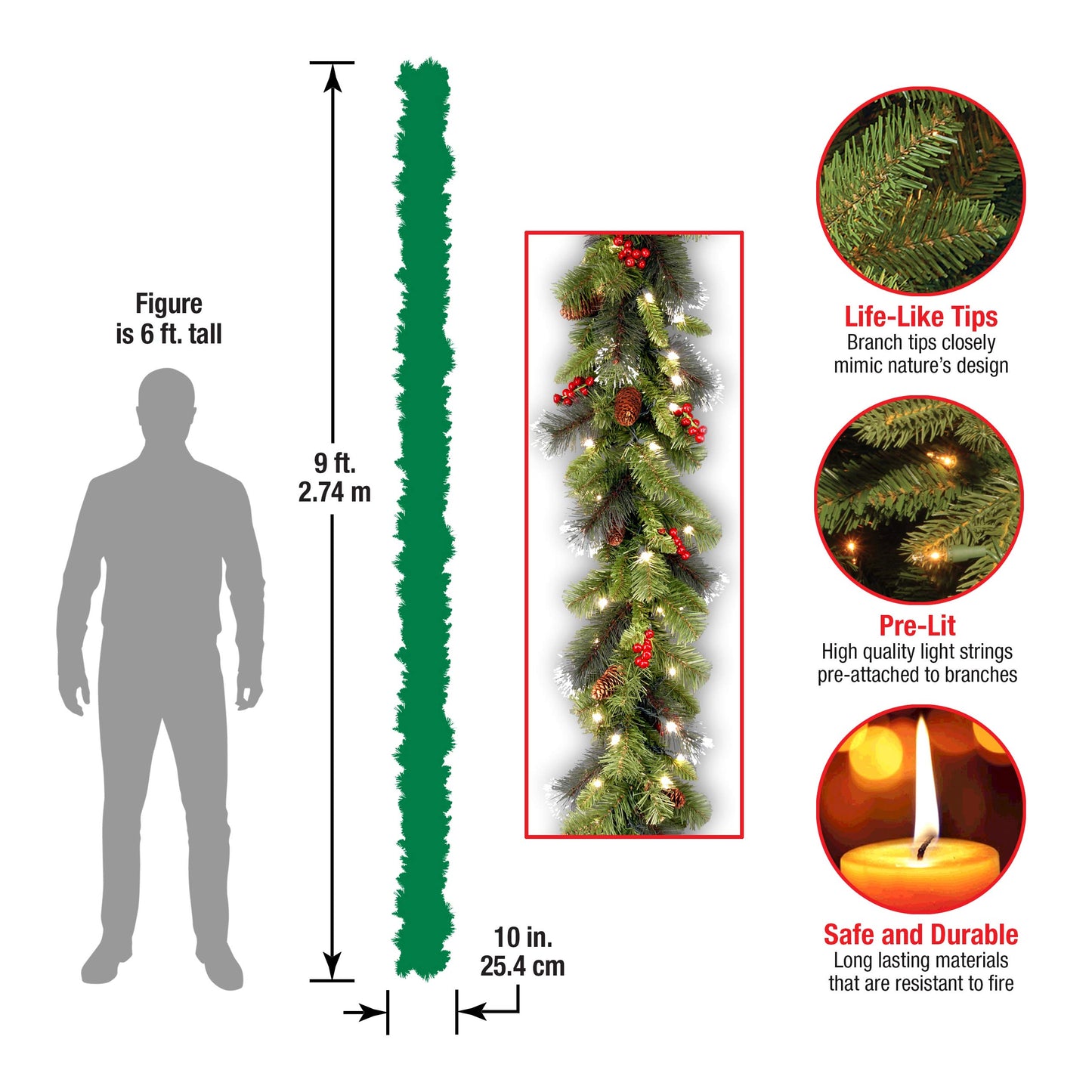 National Tree Company Pre-Lit Artificial Christmas Garland, Green, Crestwood Spruce, White Lights, Decorated with Pine Cones, Berry Clusters, Plug In, Christmas Collection, 9 Feet