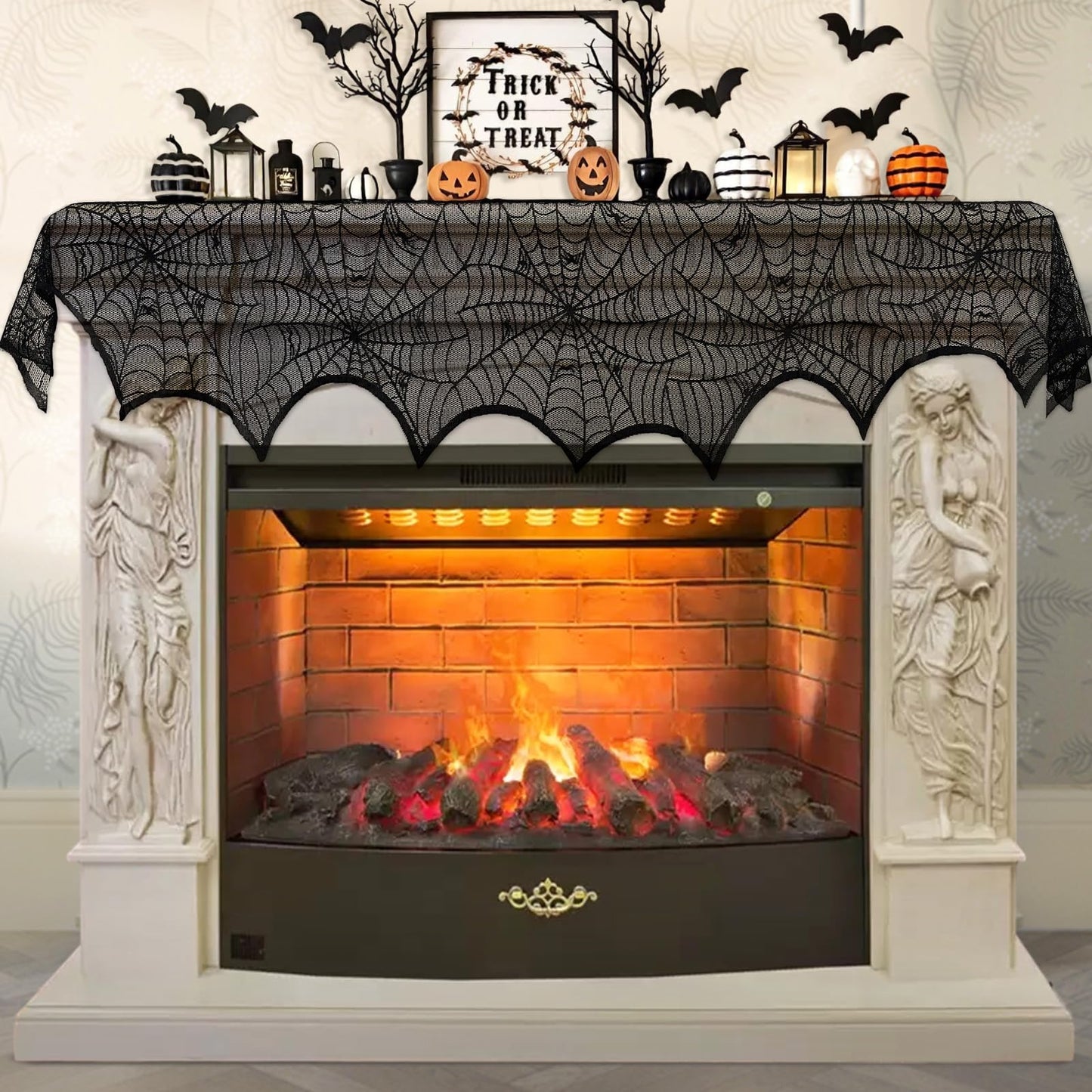 AerWo Halloween Decoration Black Lace Spiderweb Fireplace Mantle Scarf Cover Festive Party Supplies 45 X 243cm 18 x 96 inch