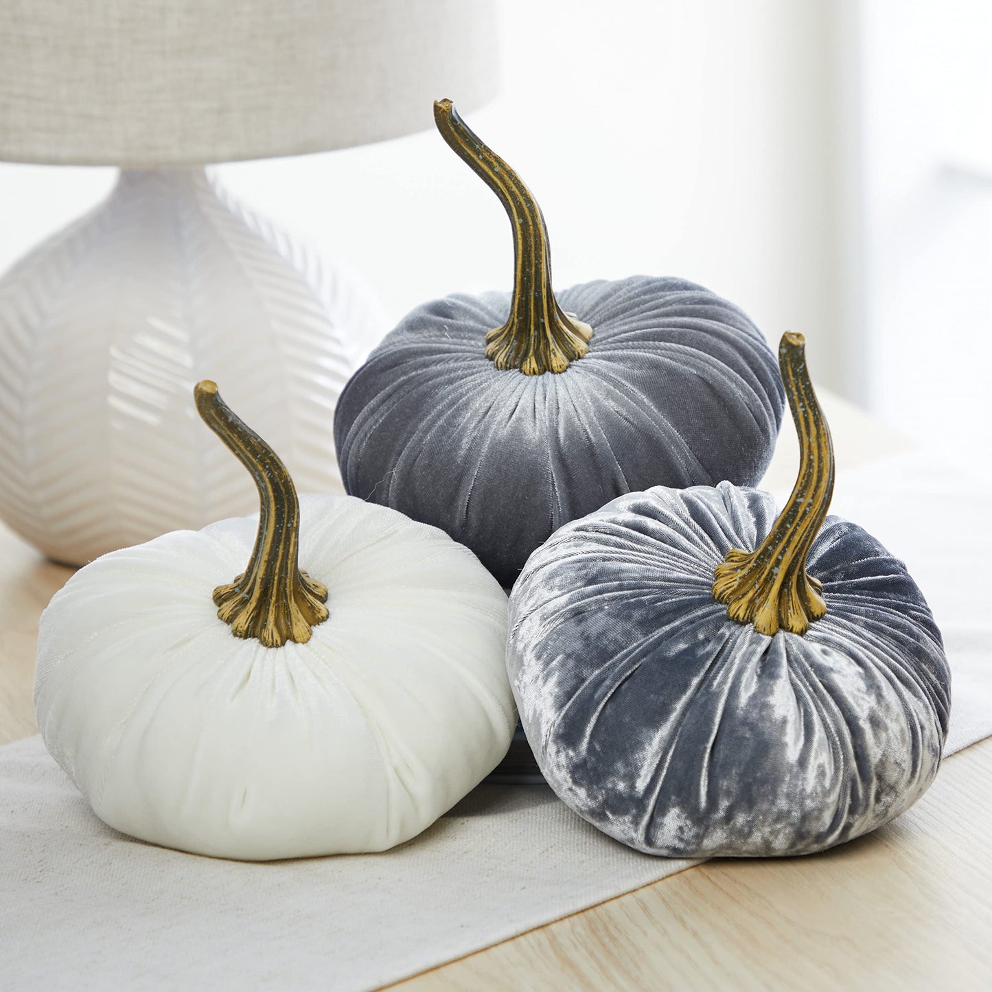 Set of 3 Velvet 6.25 Inch Pumpkins, Holiday Mantle Decor, Fall Thanksgiving, Rustic Fall Wedding Centerpiece Decor, Neutral Decor, Gift for Her (Gray, Ivory, Platinum)