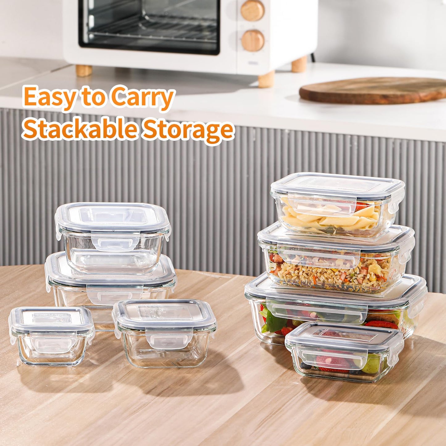 HOMBERKING 8 Pack Glass Food Storage Containers with Lids, Meal Prep Containers, Airtight Bento Boxes with Leak Proof Locking for Microwave, Oven, Freezer and Dishwasher, BPA Free, 5-35oz