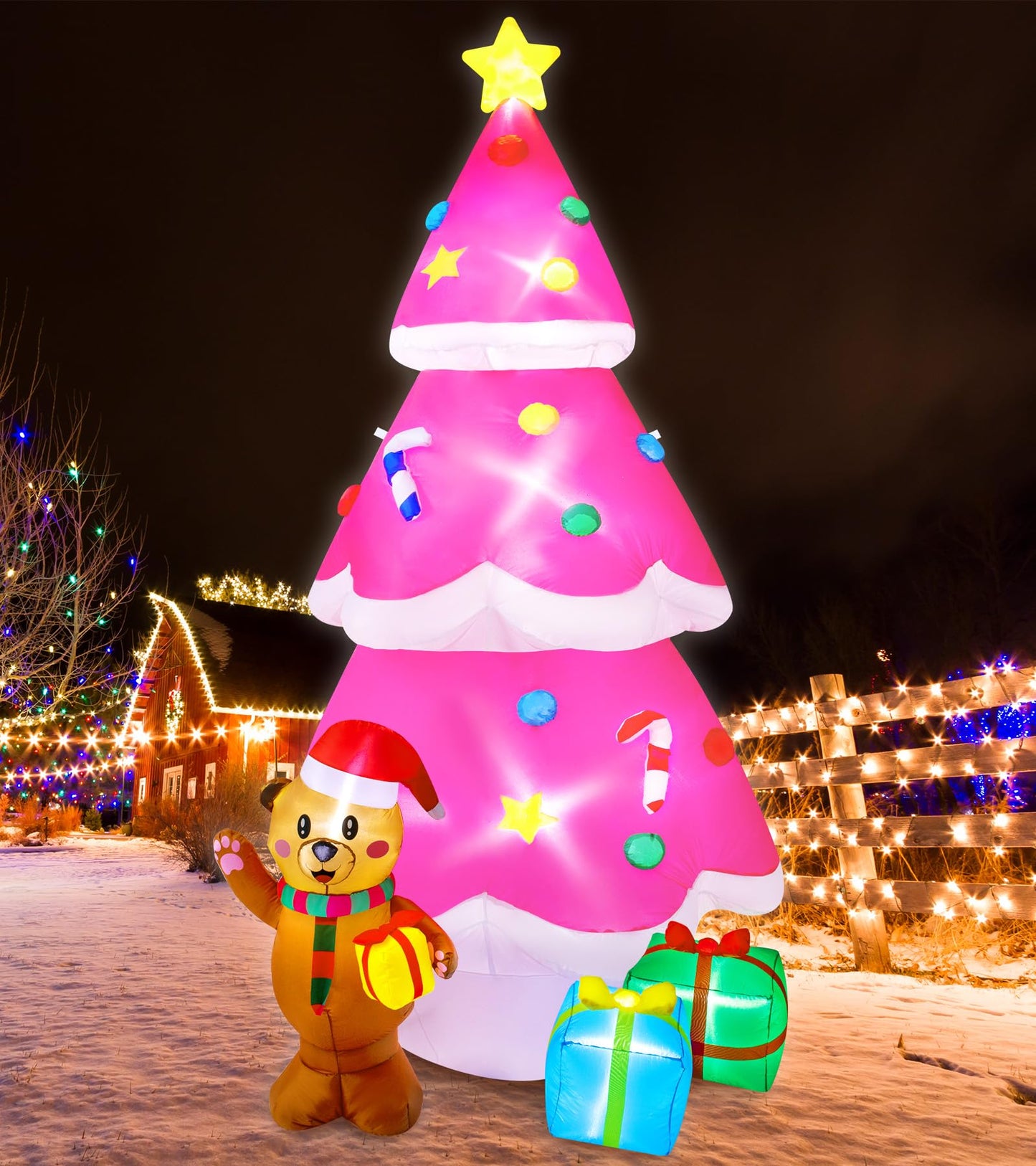 Meland Christmas Inflatable Outdoor Decoration - 8Ft Pink Christmas Tree Inflatable Christmas Blow Up Yard Decorations with Gingerbread Inflatables Christmas Decorations for Outdoor Outside Garden