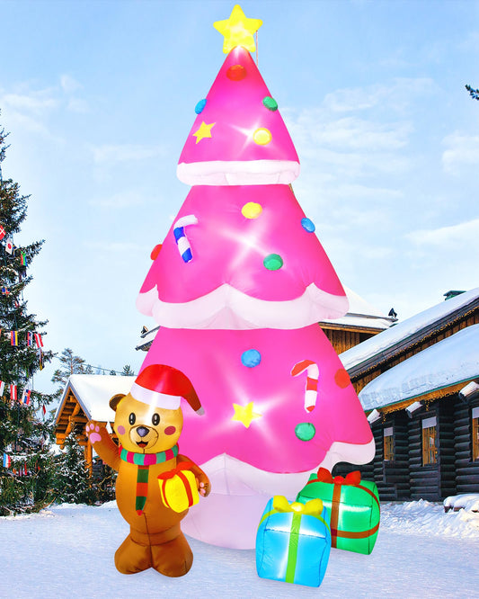 Meland Christmas Inflatable Outdoor Decoration - 8Ft Pink Christmas Tree Inflatable Christmas Blow Up Yard Decorations with Gingerbread Inflatables Christmas Decorations for Outdoor Outside Garden