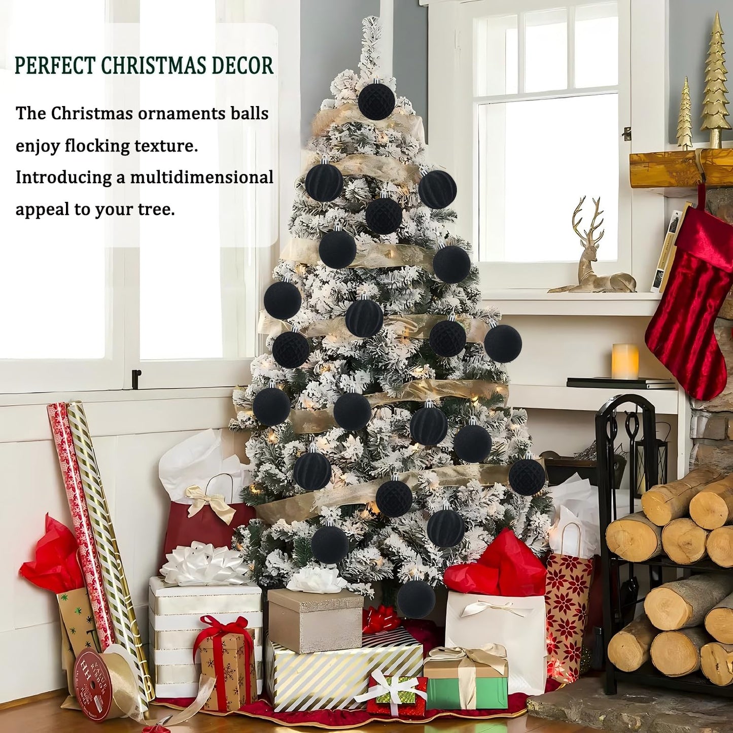 Artmag 16 Pcs Velvet Christmas Balls Hanging Ornaments Set, Shatterproof Plastic Flocked Christmas Tree Balls Xmas Decorations Festival Holiday Party Decor (Black,2.36 Inch)