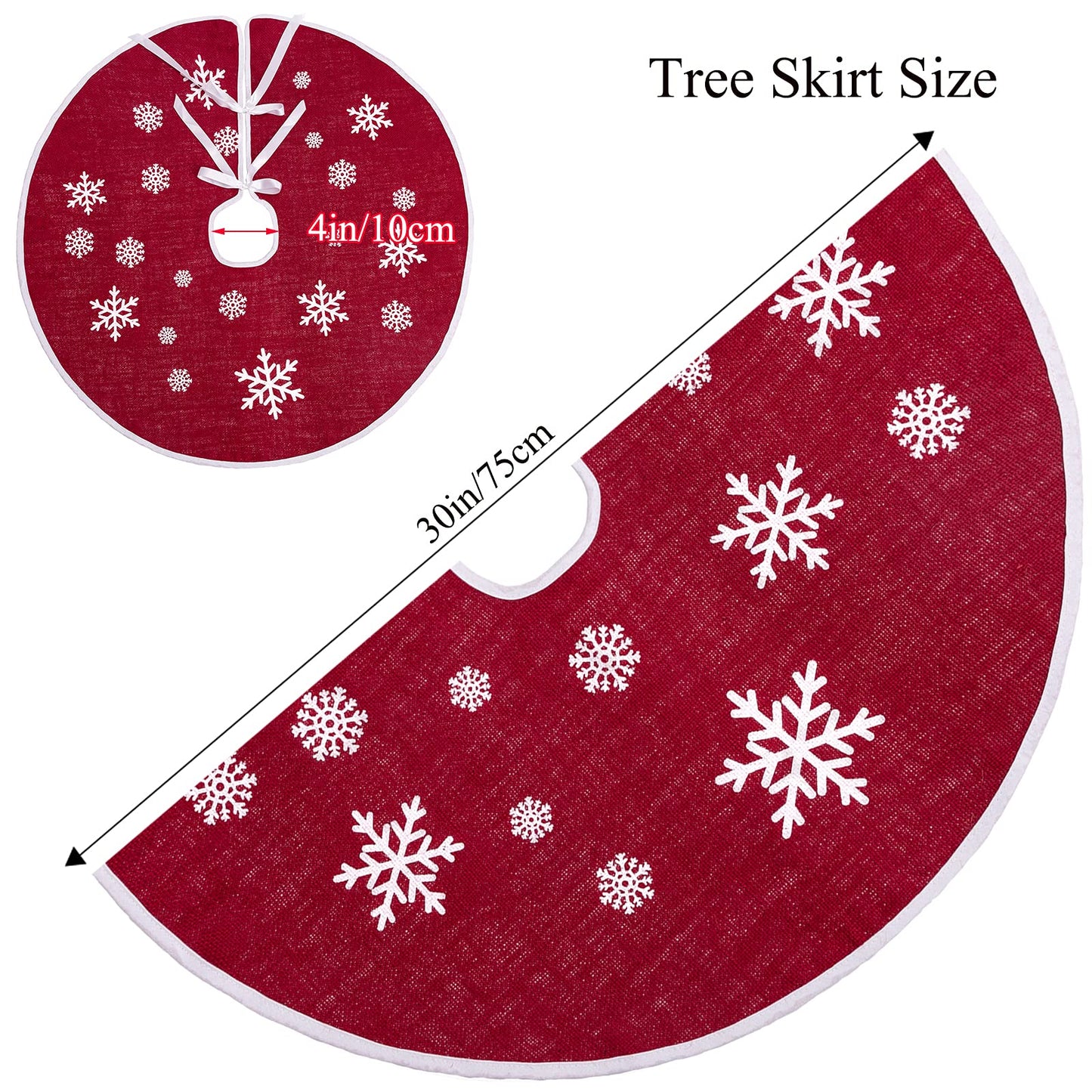 MACTING Christmas Burlap Tree Skirt, 30 Inch Red Countryside Tree Skirt with White Snowflake Printed, Small Rustic Tree Mat for Home Party Holiday Winter Indoor Xmas Decorations