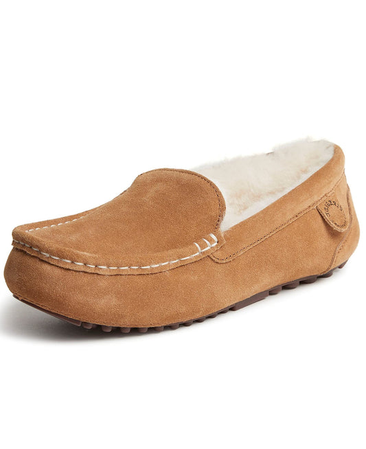 Dearfoams Women's Fireside Water Resistant Indoor/Outdoor Genuine Shearling Mel Moccasin Slipper, Wide Widths