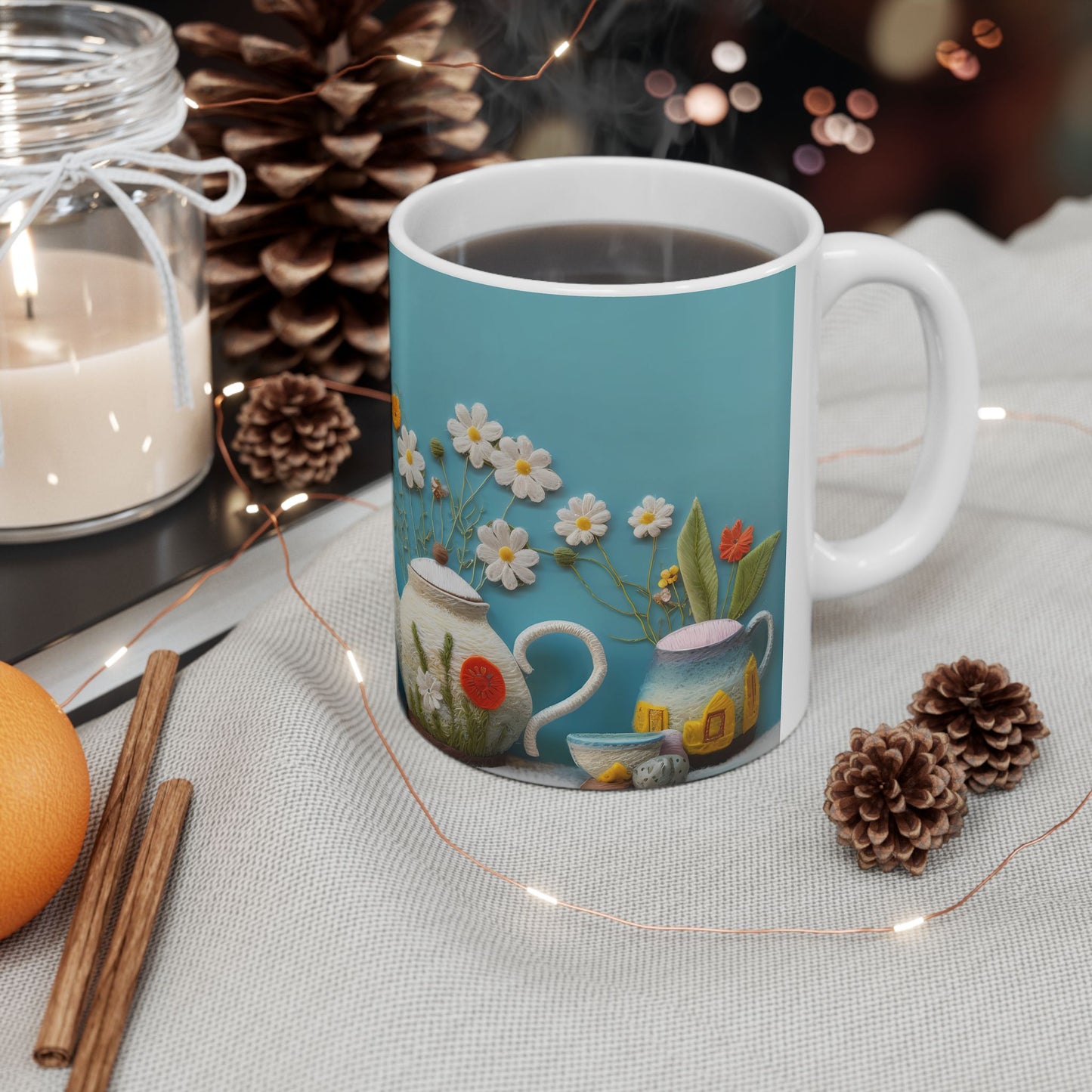 Pastel Flowers and Tea Ceramic Mug, (11oz, 15oz)