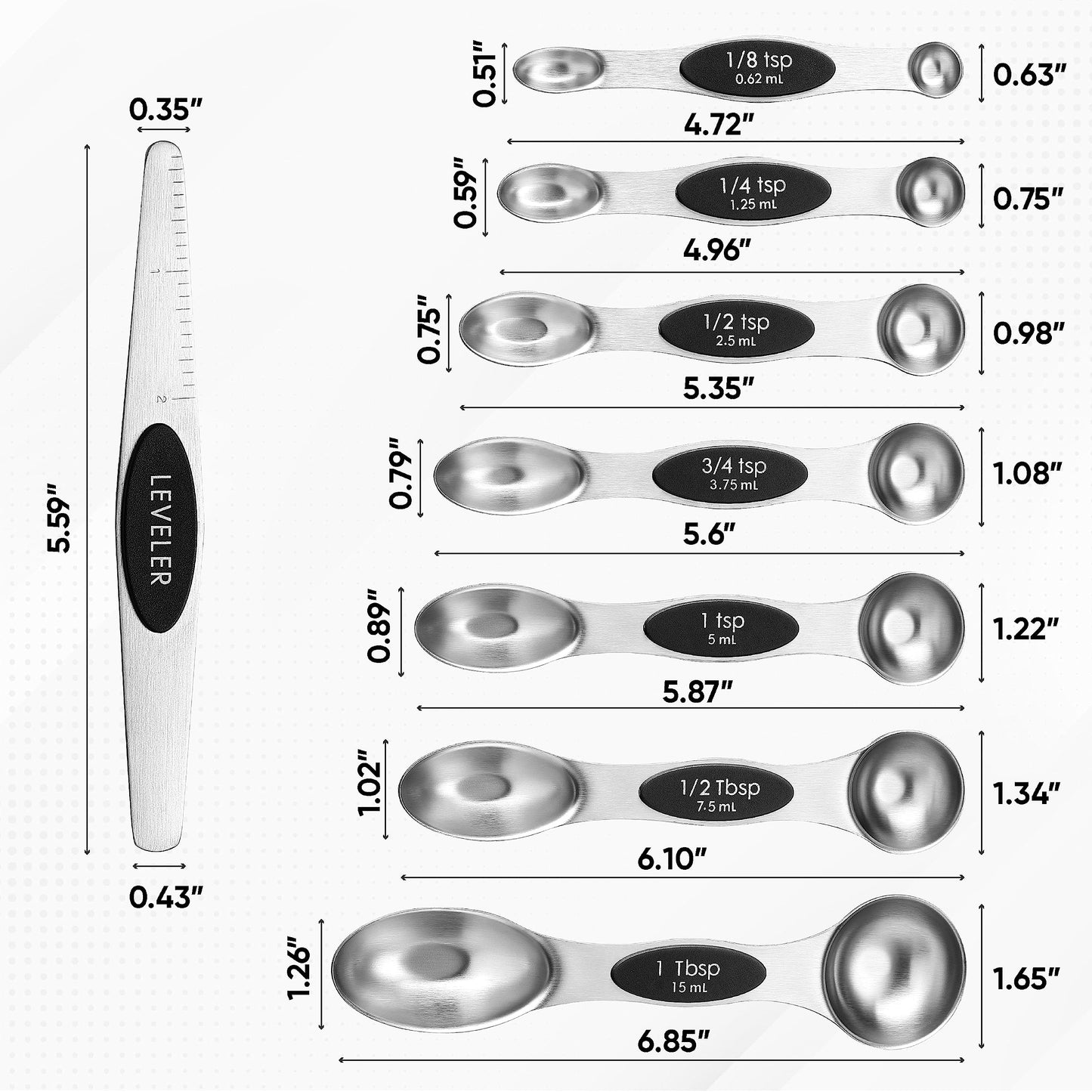 Spring Chef Magnetic Measuring Spoons Set with Strong N45 Magnets, Heavy Duty Stainless Steel Metal, Fits in Most Kitchen Spice Jars for Baking & Cooking, BPA Free, Black, Set of 8 with Leveler