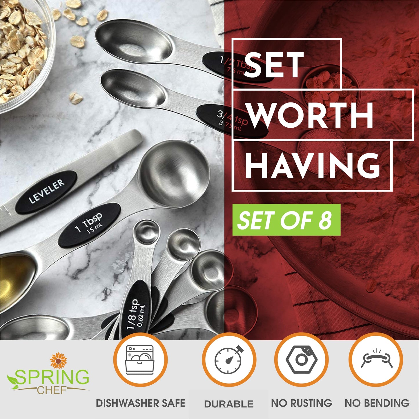 Spring Chef Magnetic Measuring Spoons Set with Strong N45 Magnets, Heavy Duty Stainless Steel Metal, Fits in Most Kitchen Spice Jars for Baking & Cooking, BPA Free, Black, Set of 8 with Leveler