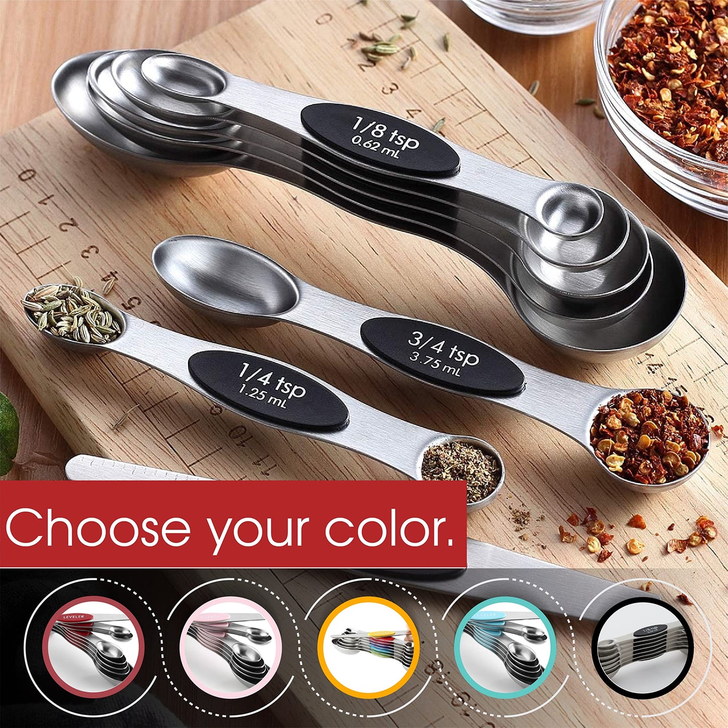 Spring Chef Magnetic Measuring Spoons Set with Strong N45 Magnets, Heavy Duty Stainless Steel Metal, Fits in Most Kitchen Spice Jars for Baking & Cooking, BPA Free, Black, Set of 8 with Leveler