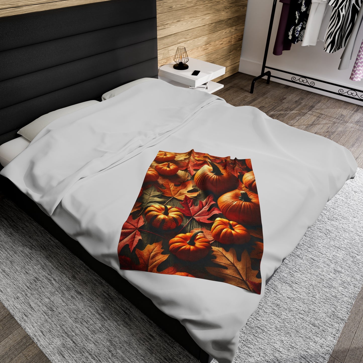 Pumpkin and Leaves Autumn Scene Velveteen Plush Blanket