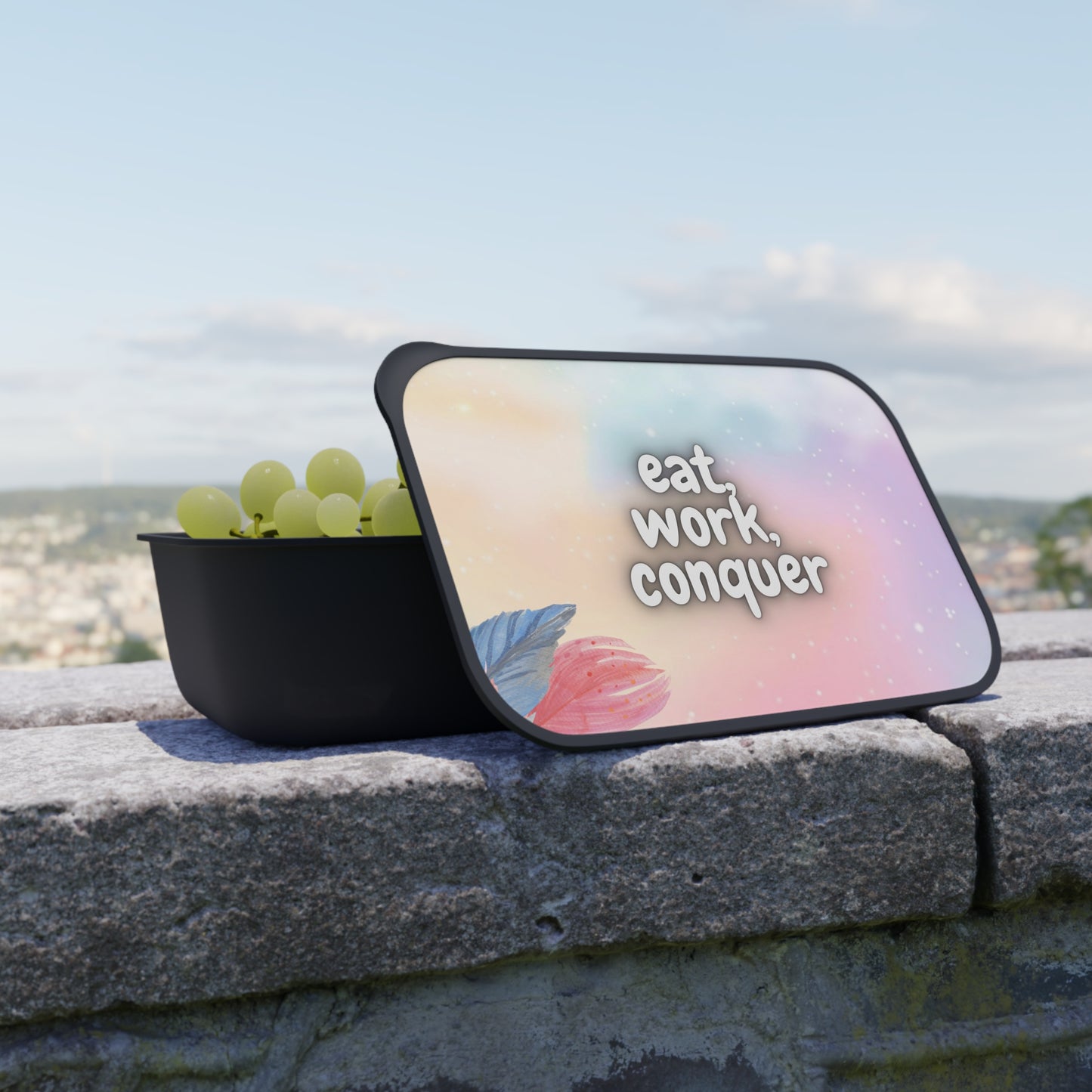 Eat, Work, Conquer PLA Bento Box with Band and Utensils