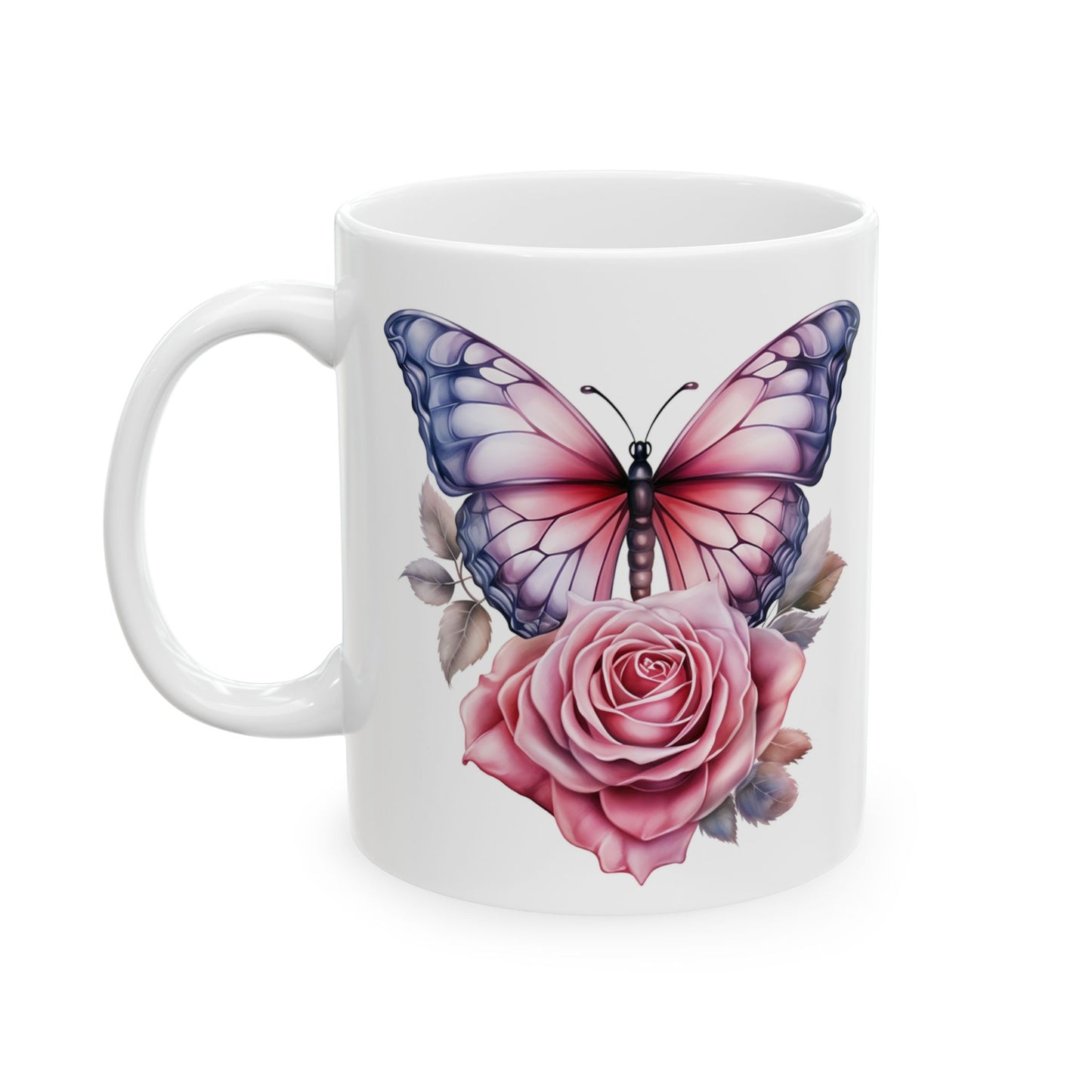 Pink Butterfly Rose Ceramic Mug, (11oz, 15oz)